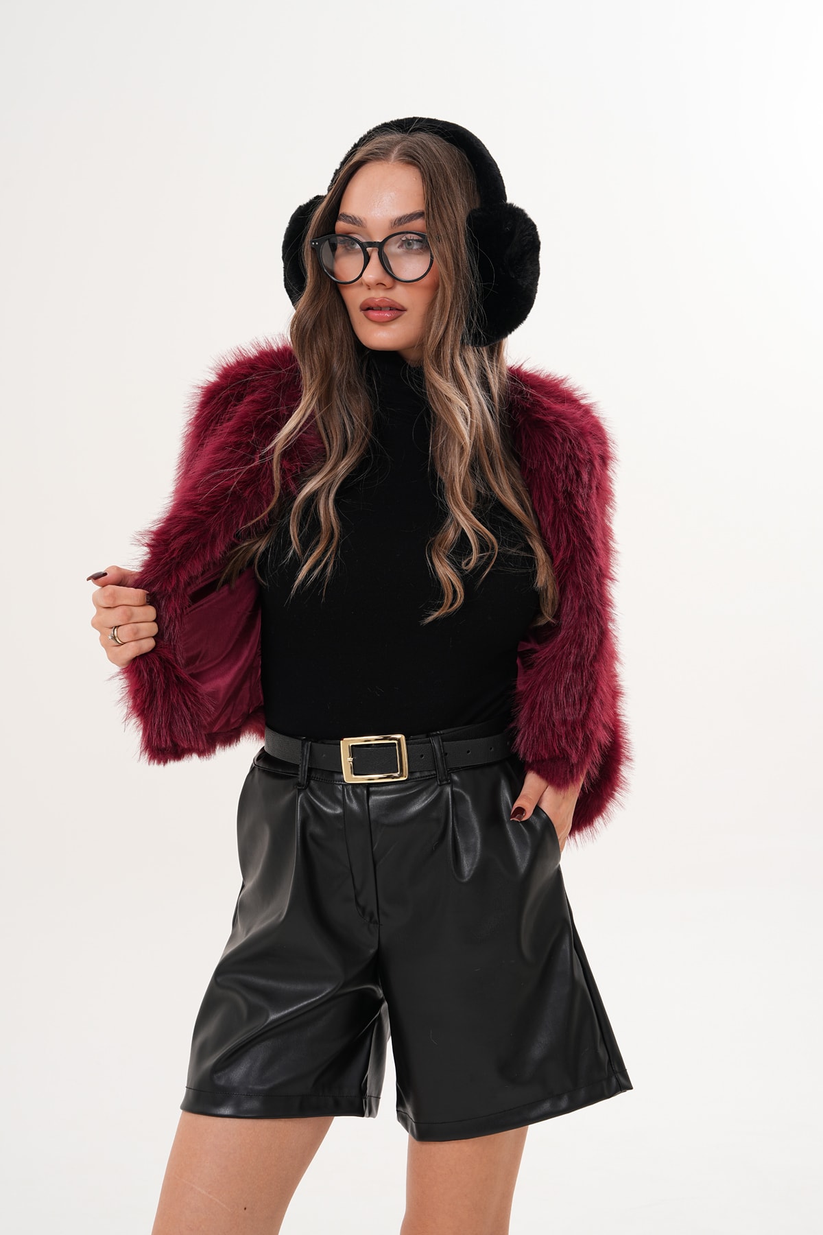 Crop Boy Basic Yaka Tüylü Ceket - bordo