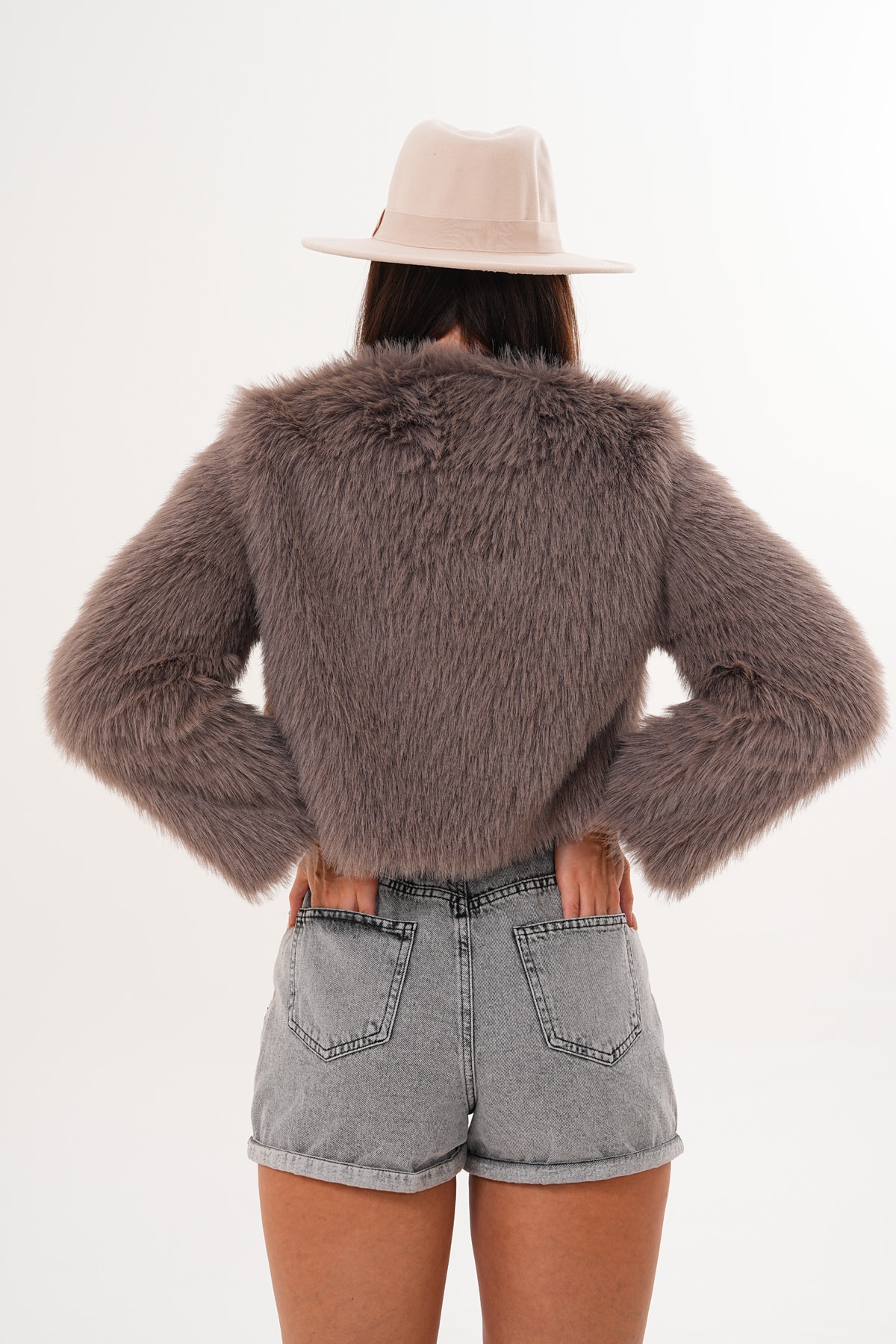 Crop Boy Basic Yaka Tüylü Ceket - vizon