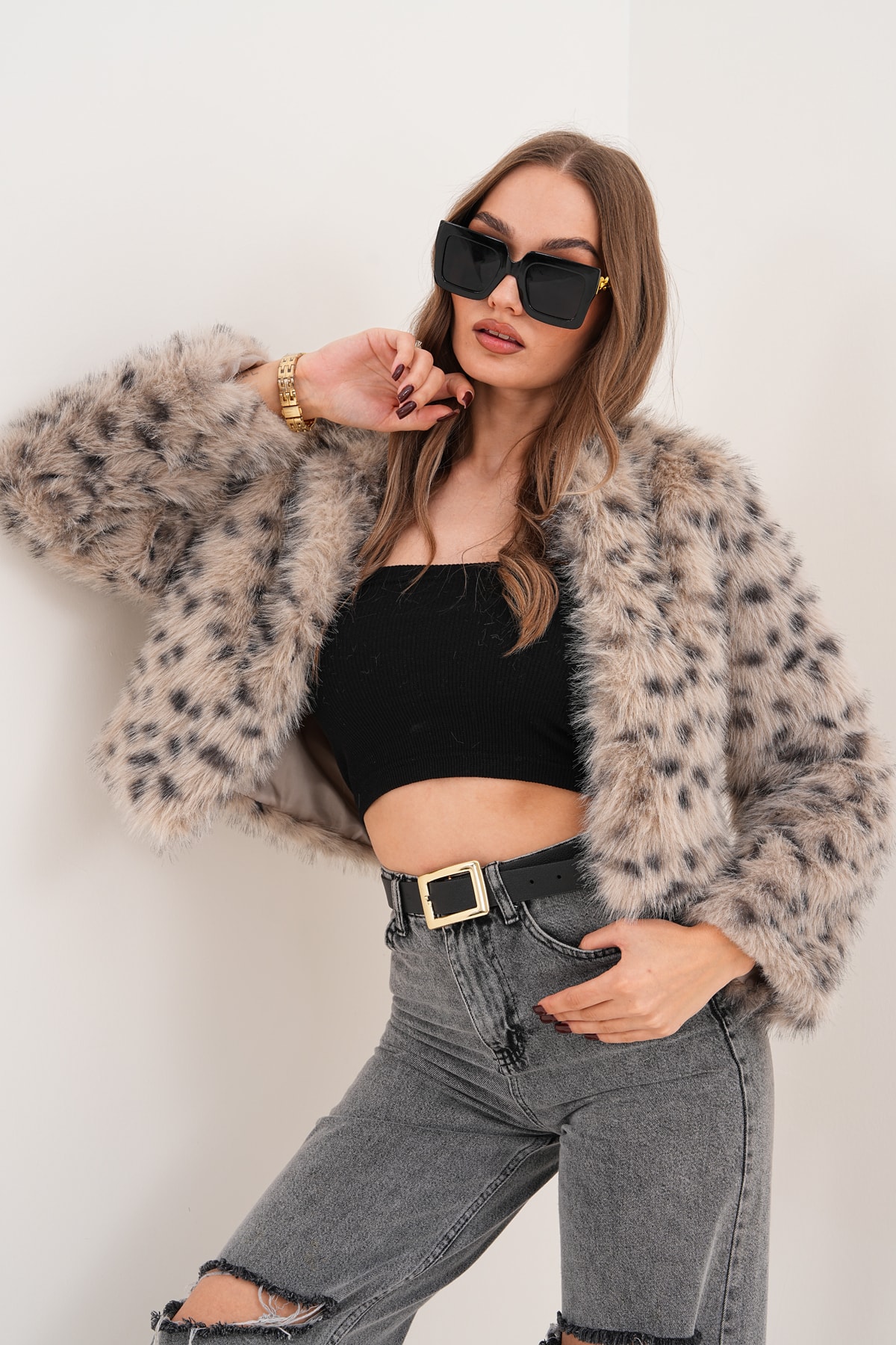 Crop Boy Basic Yaka Tüylü Ceket - taş leopar