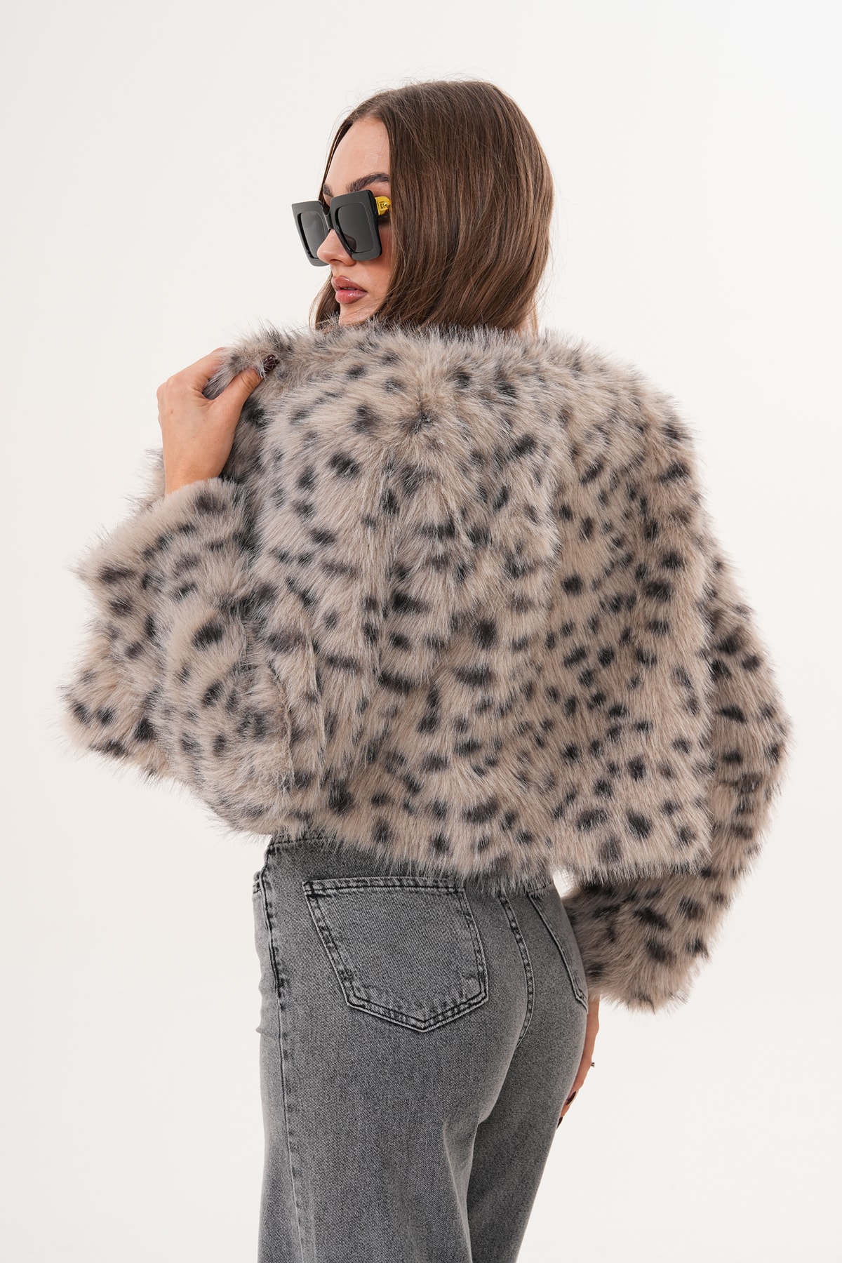 Crop Boy Basic Yaka Tüylü Ceket - taş leopar