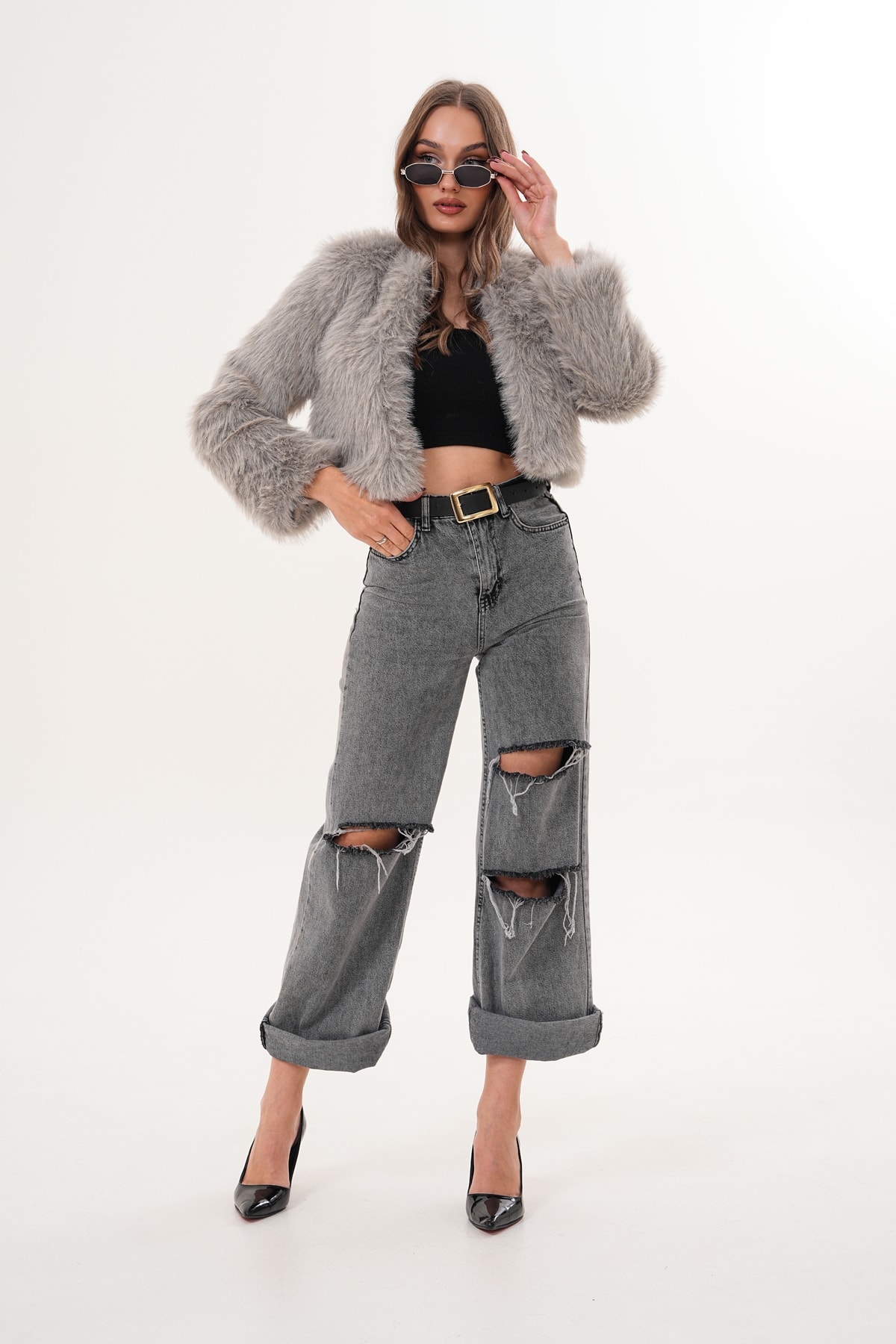 Crop Boy Basic Yaka Tüylü Ceket - gri