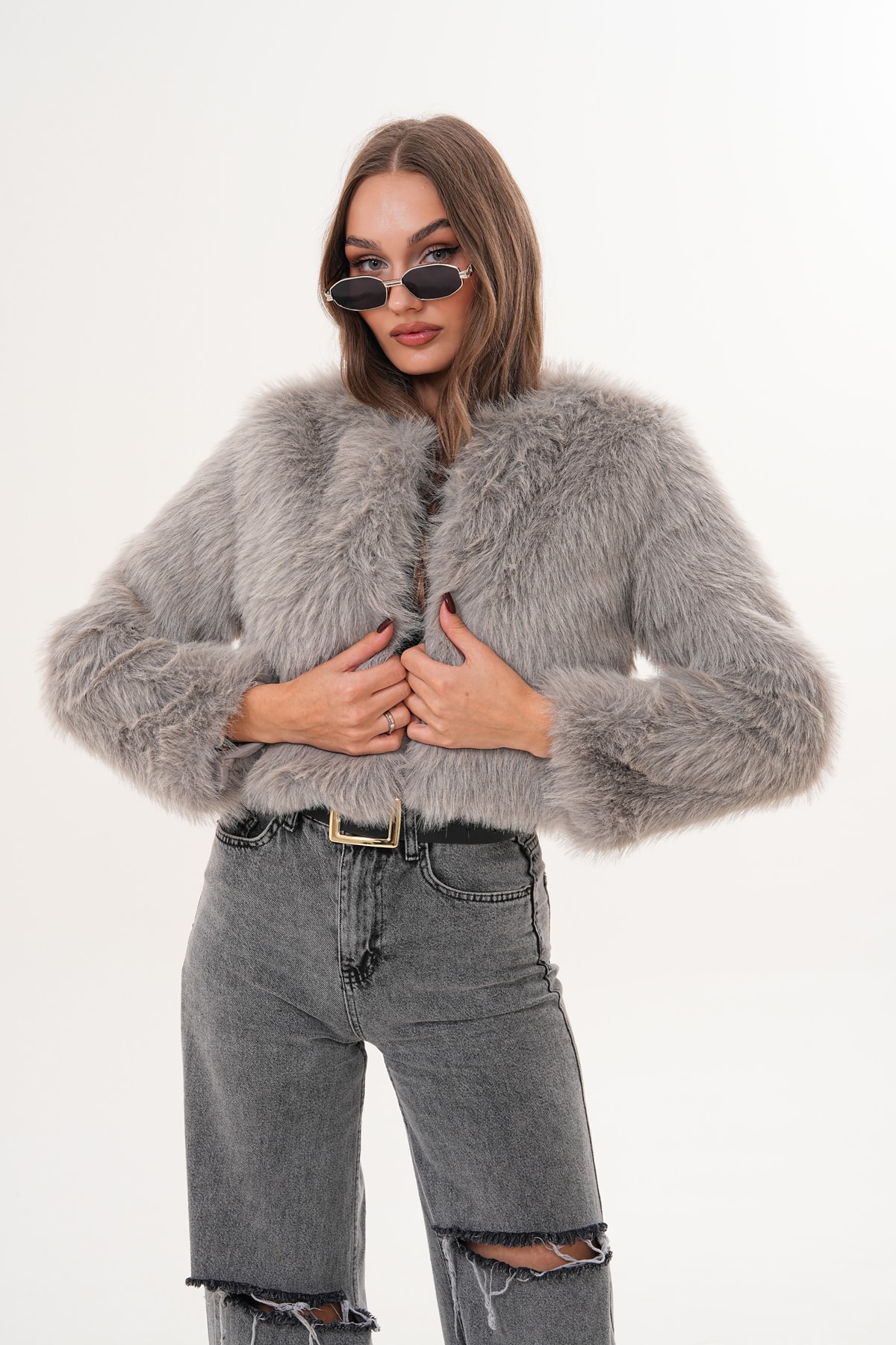 Crop Boy Basic Yaka Tüylü Ceket - gri