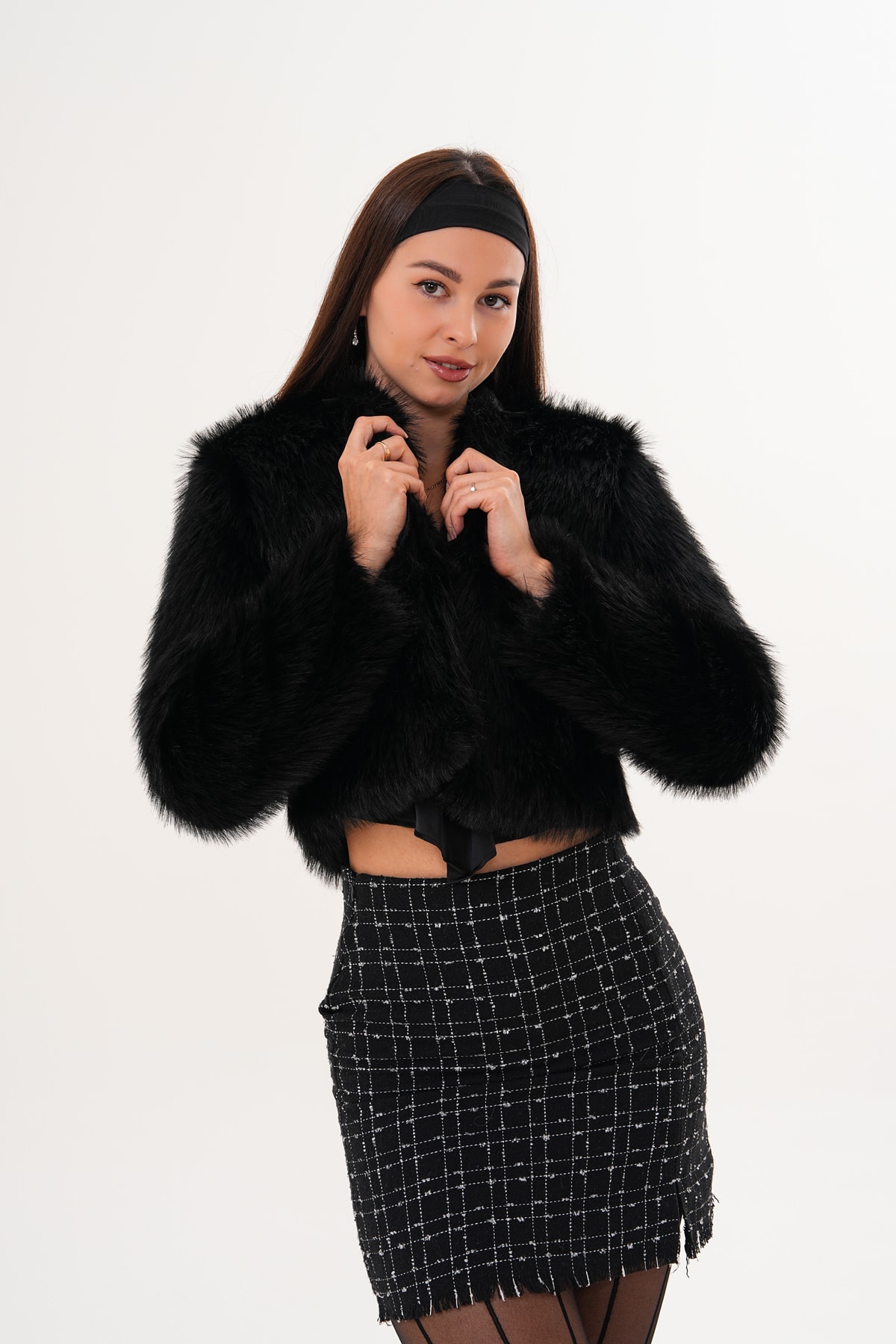 Crop Boy Basic Yaka Tüylü Ceket - siyah
