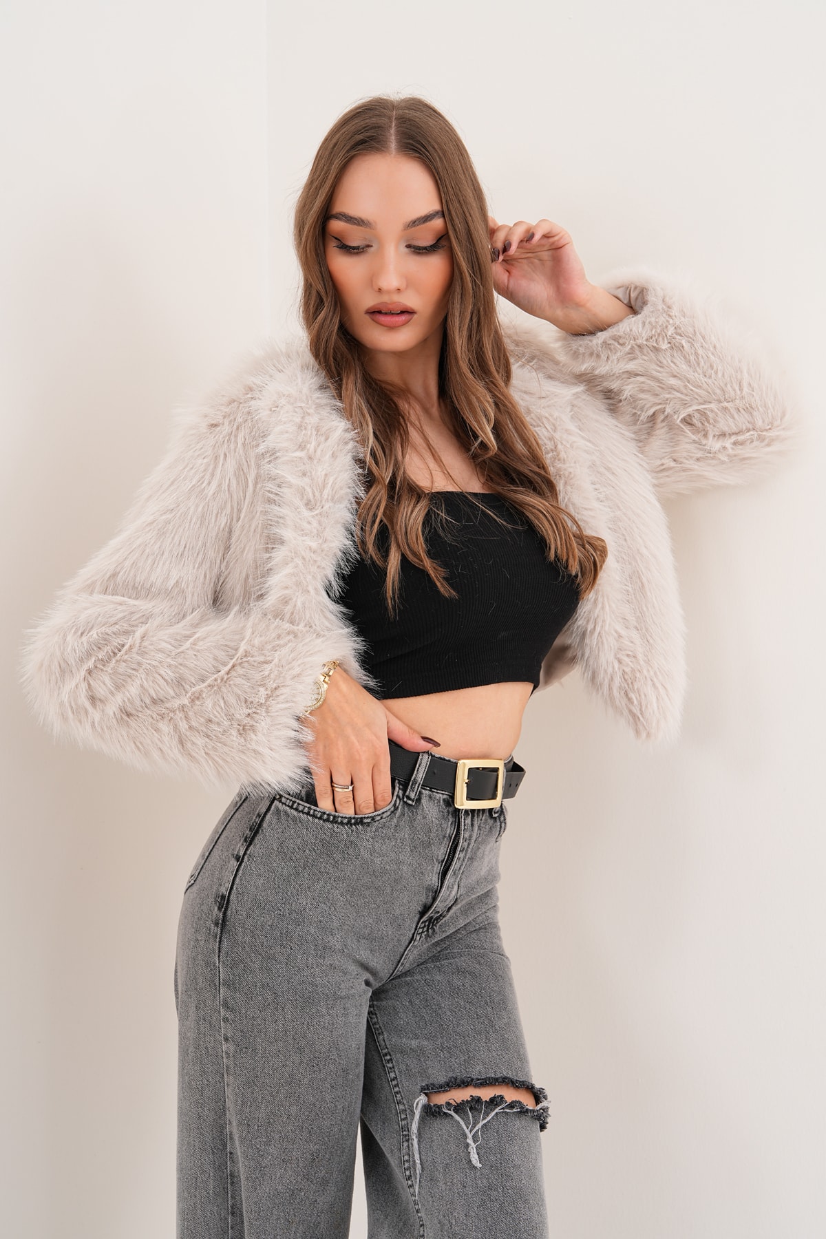 Crop Boy Basic Yaka Tüylü Ceket
