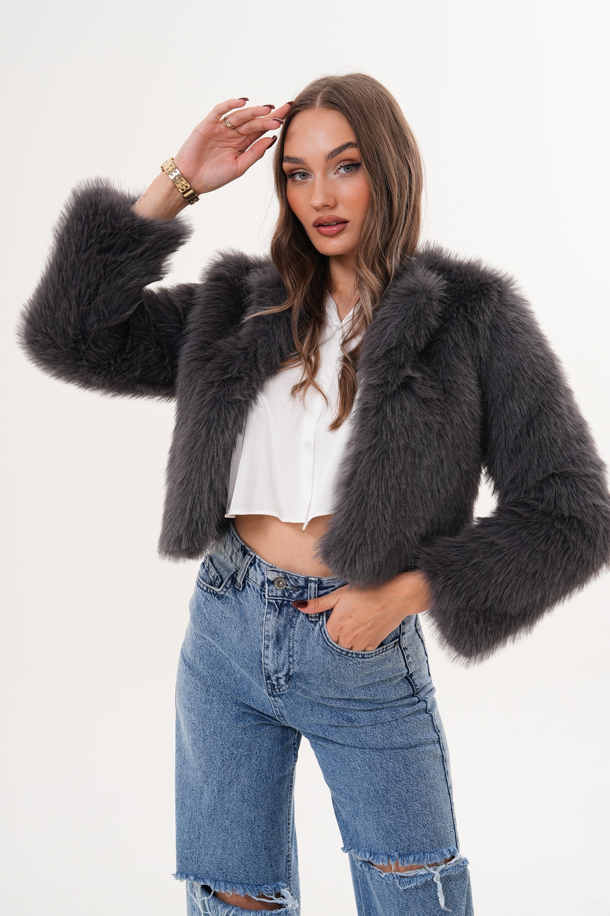 Crop Boy Basic Yaka Tüylü Ceket - antrasit