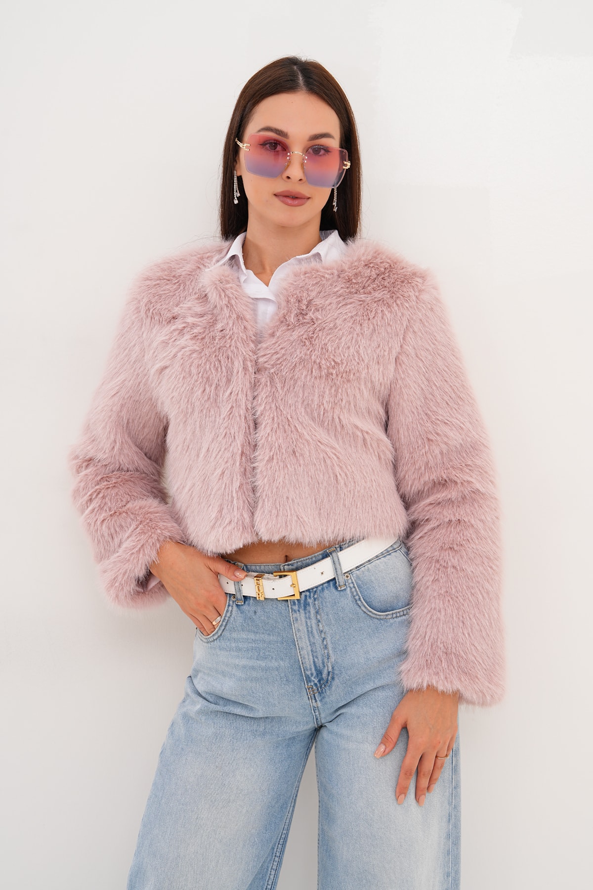 Crop Boy Basic Yaka Tüylü Ceket - pembe