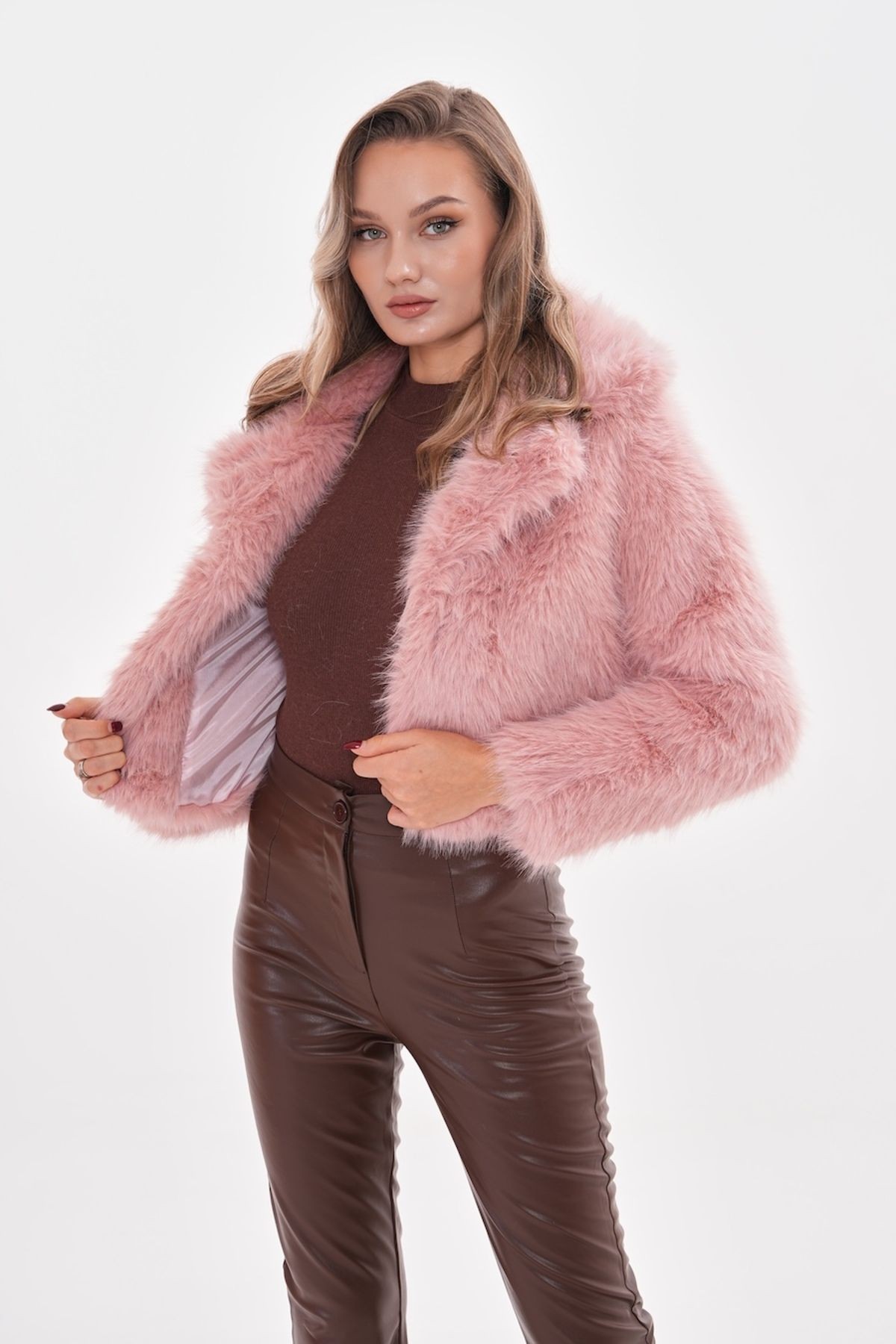 Yakalı Crop Boy Ceket - pembe