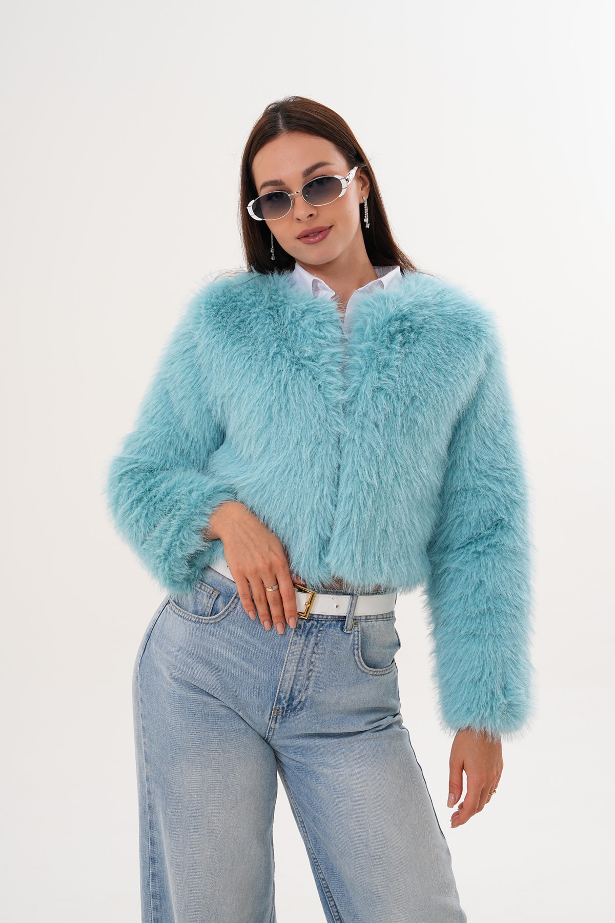 Crop Boy Basic Yaka Tüylü Ceket - mavi