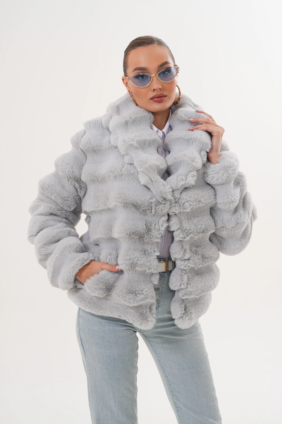 Şal Yaka Çinçila Ceket - gri