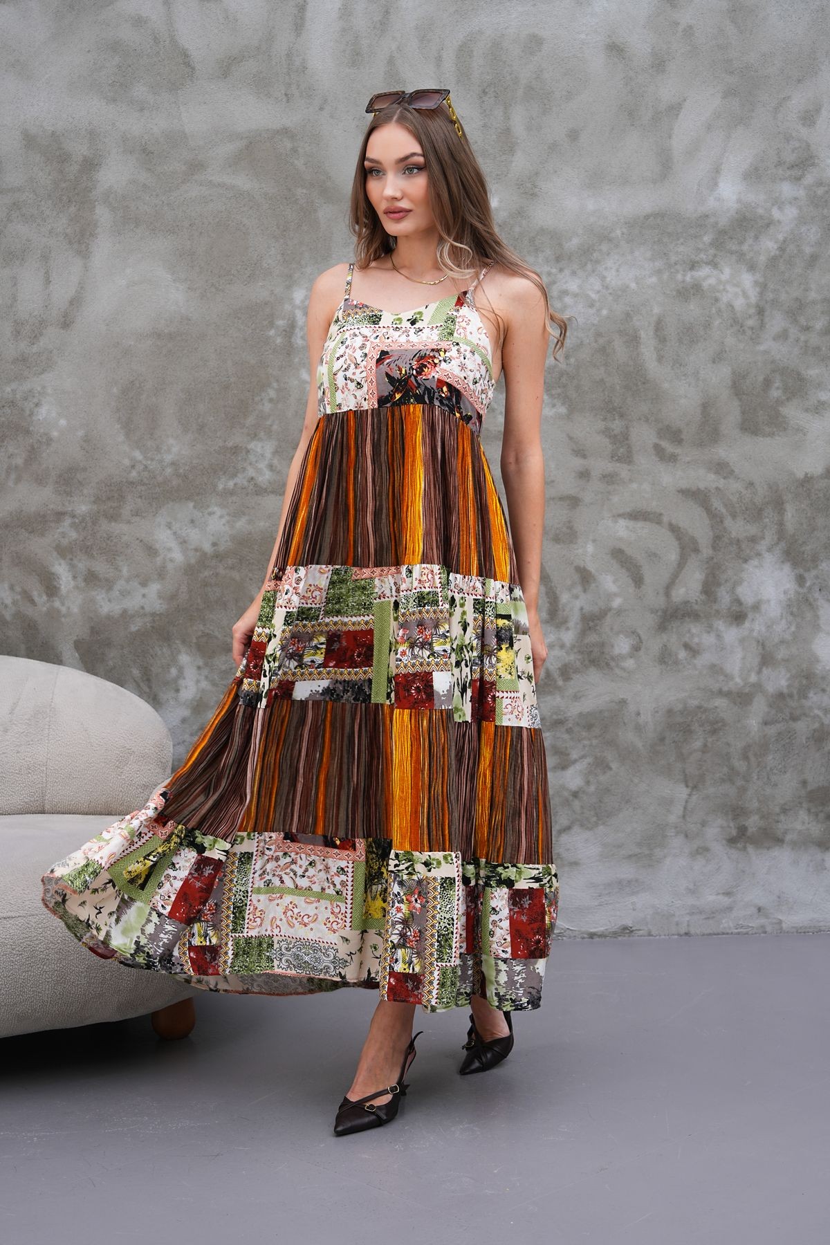 Askılı Patchwork Elbise - kahverengi