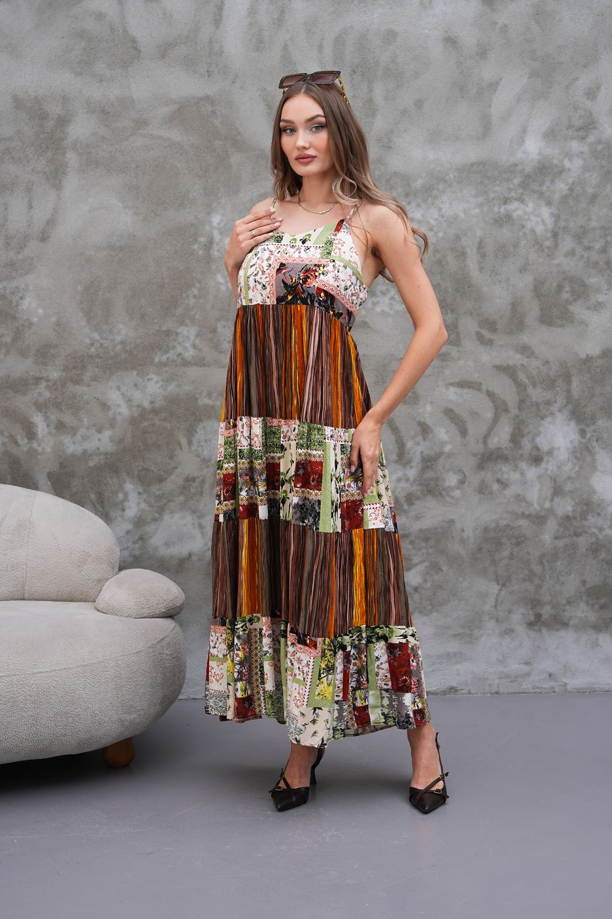 Askılı Patchwork Elbise - kahverengi