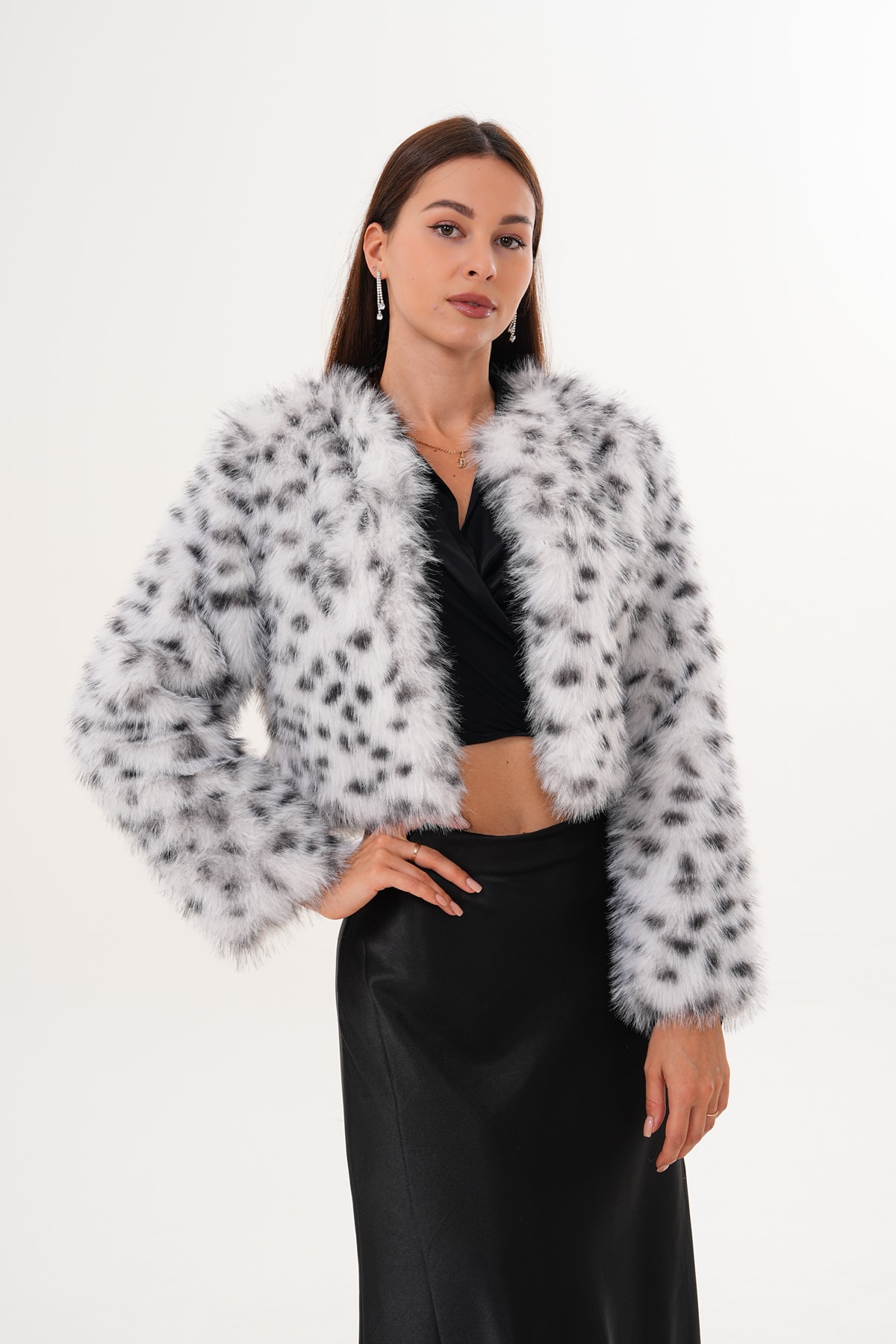 Crop Boy Basic Yaka Tüylü Ceket - kırık leopar