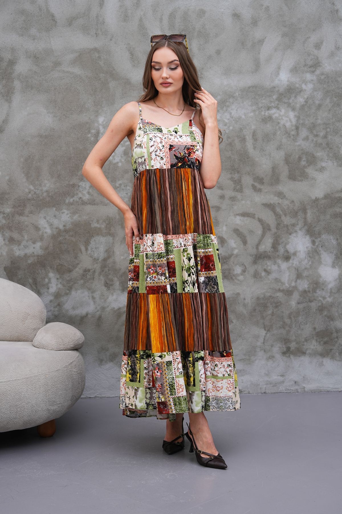 Askılı Patchwork Elbise - kahverengi