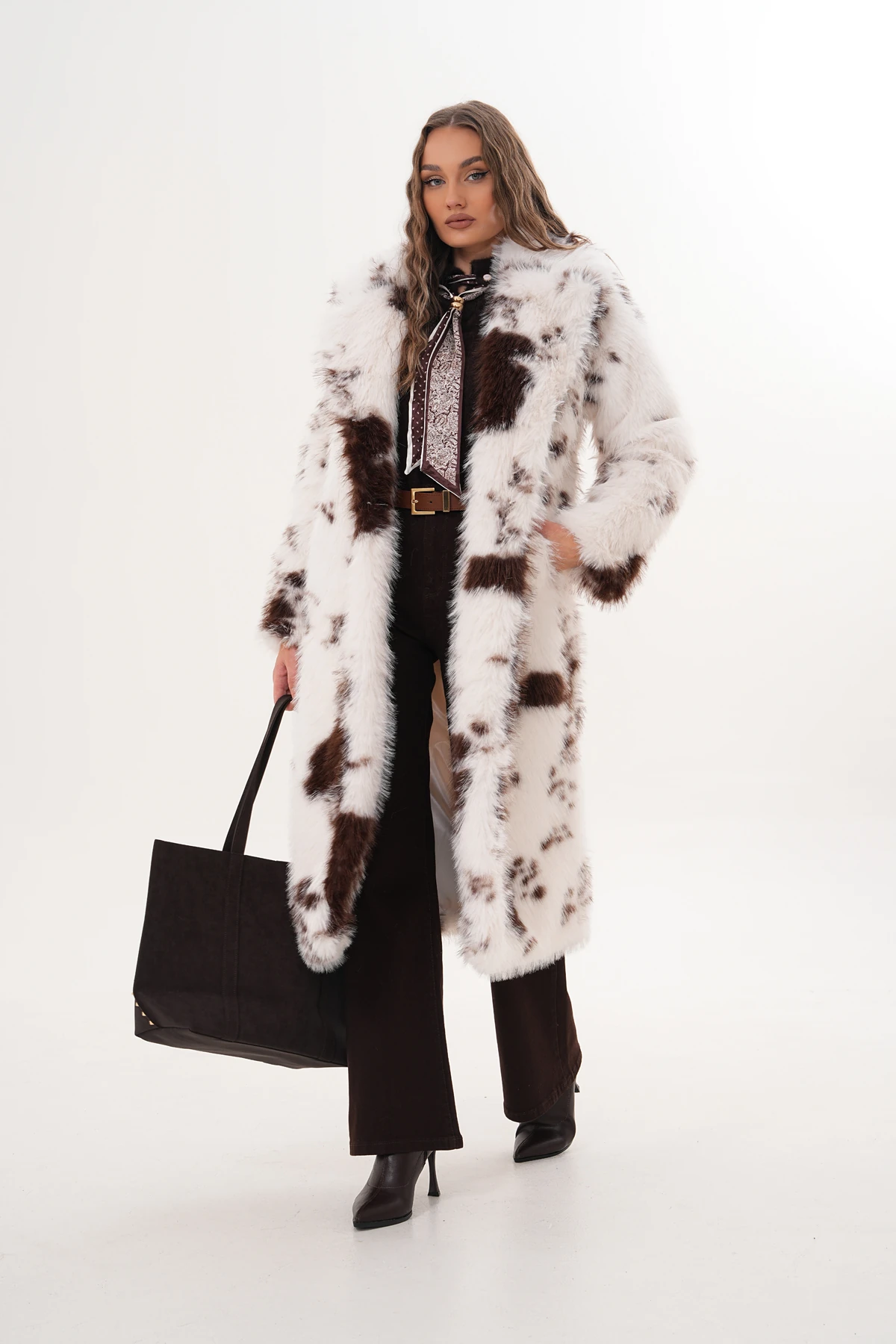 Tam Boy Kürk - parçalı kahverengi