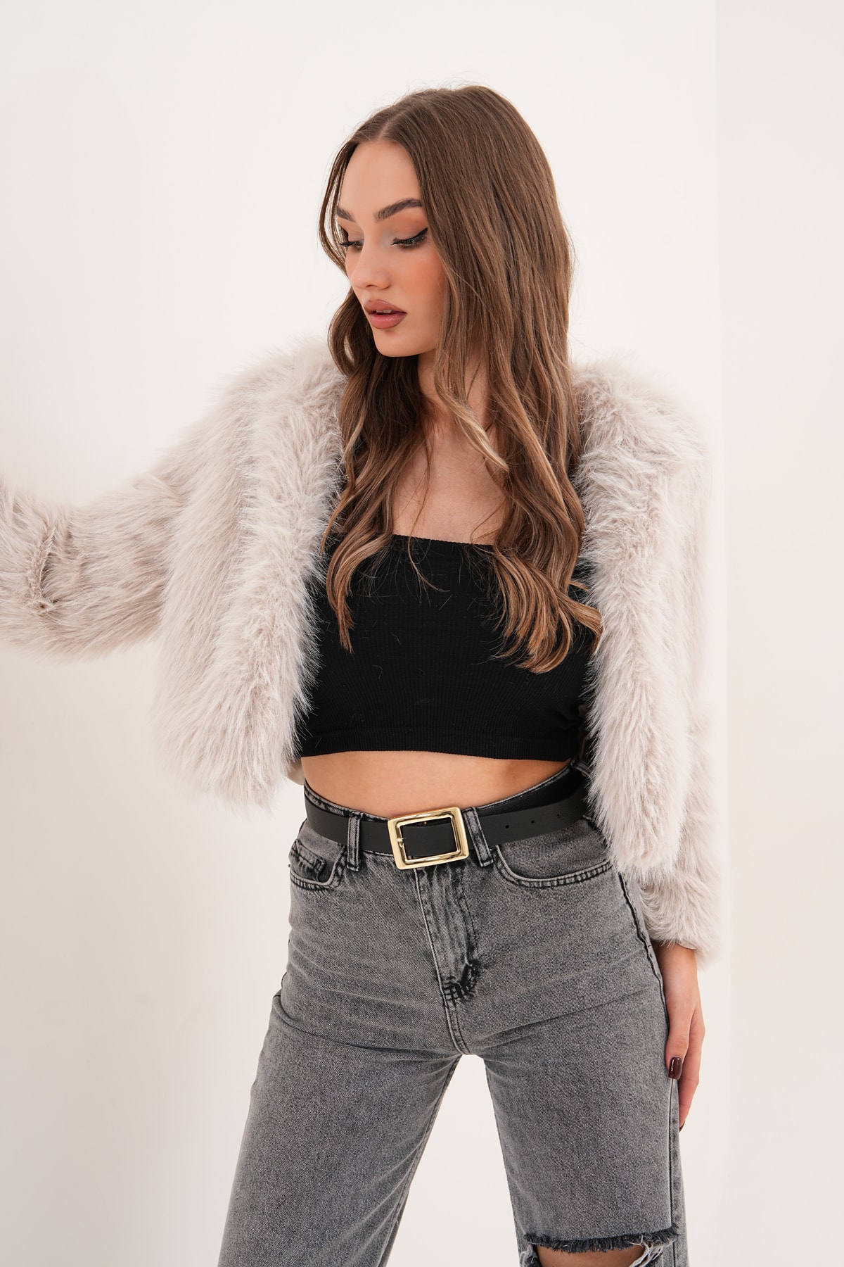 Crop Boy Basic Yaka Tüylü Ceket