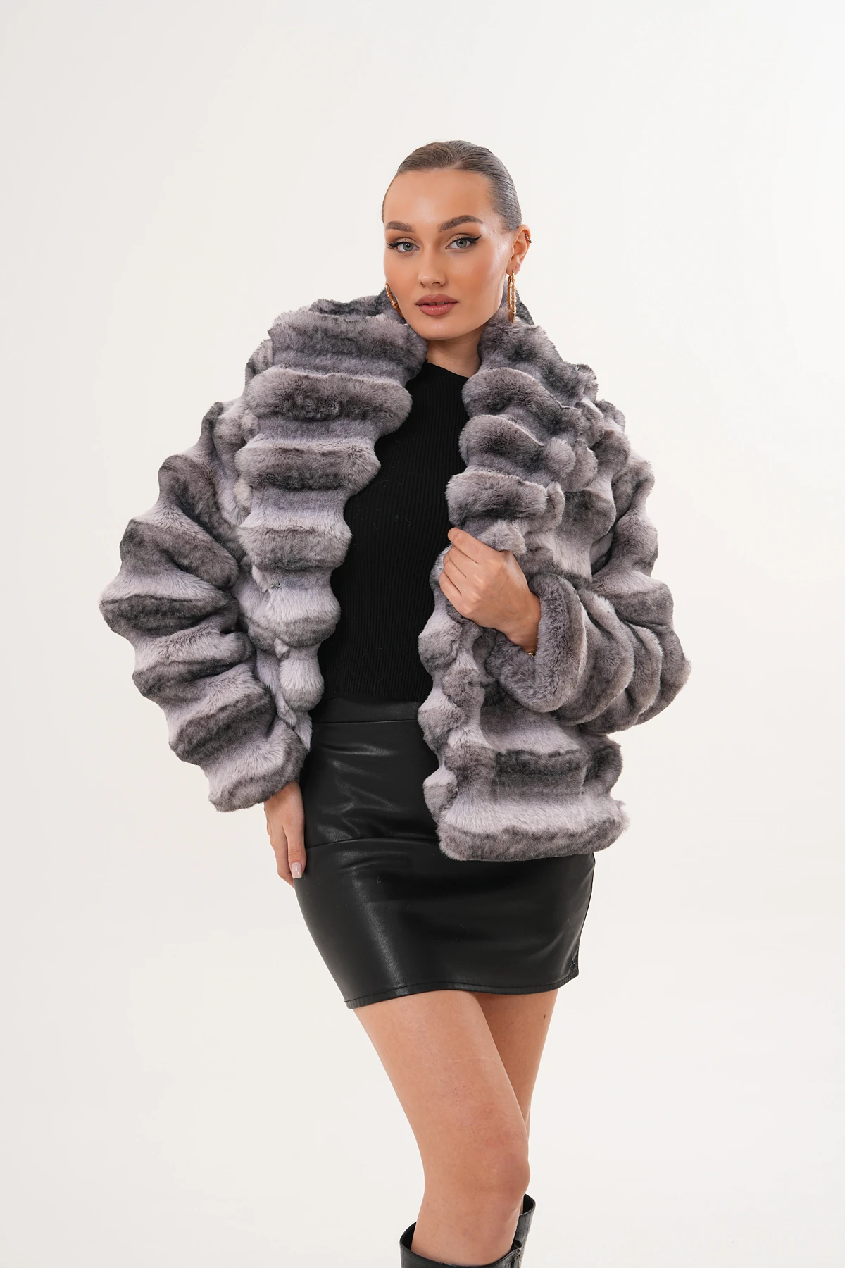 Şal Yaka Desenli Çinçila Ceket - gri