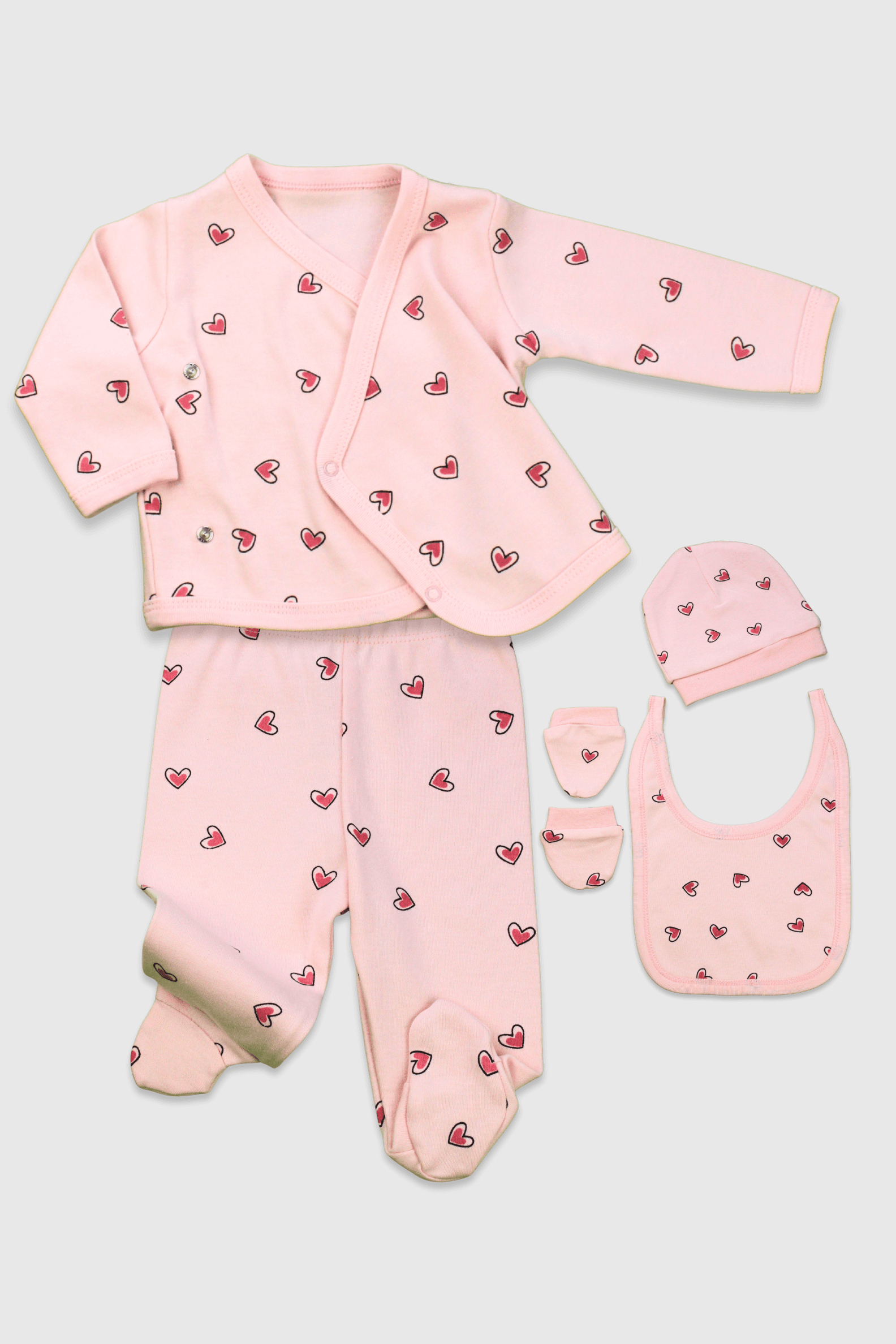 Yenidoğan Kalp Desenli 5'li Set - Pembe