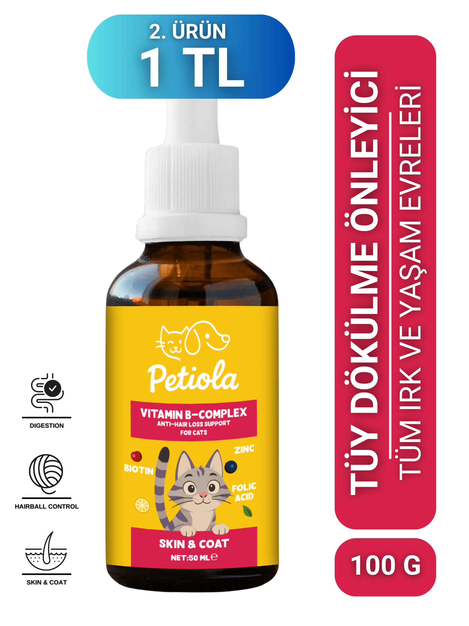 Tüy Dökülmesini Önleyici ve Tüy Sağlığını Destekleyici Kediler için Biotin'li B Complex Damla 50 ml