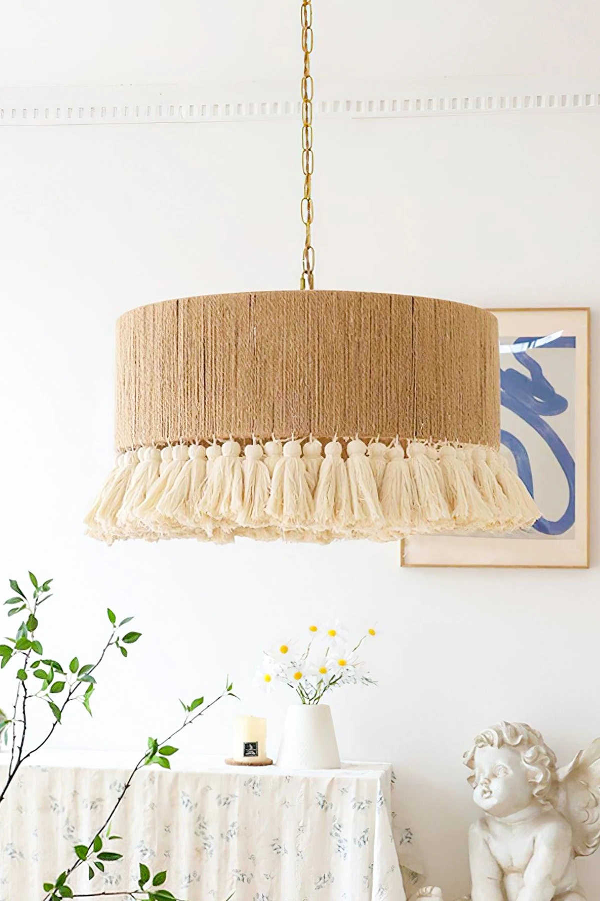 Ekru Kaplamalı Ve Makrome Bohem Rustik Püsküllü Avize - hasir