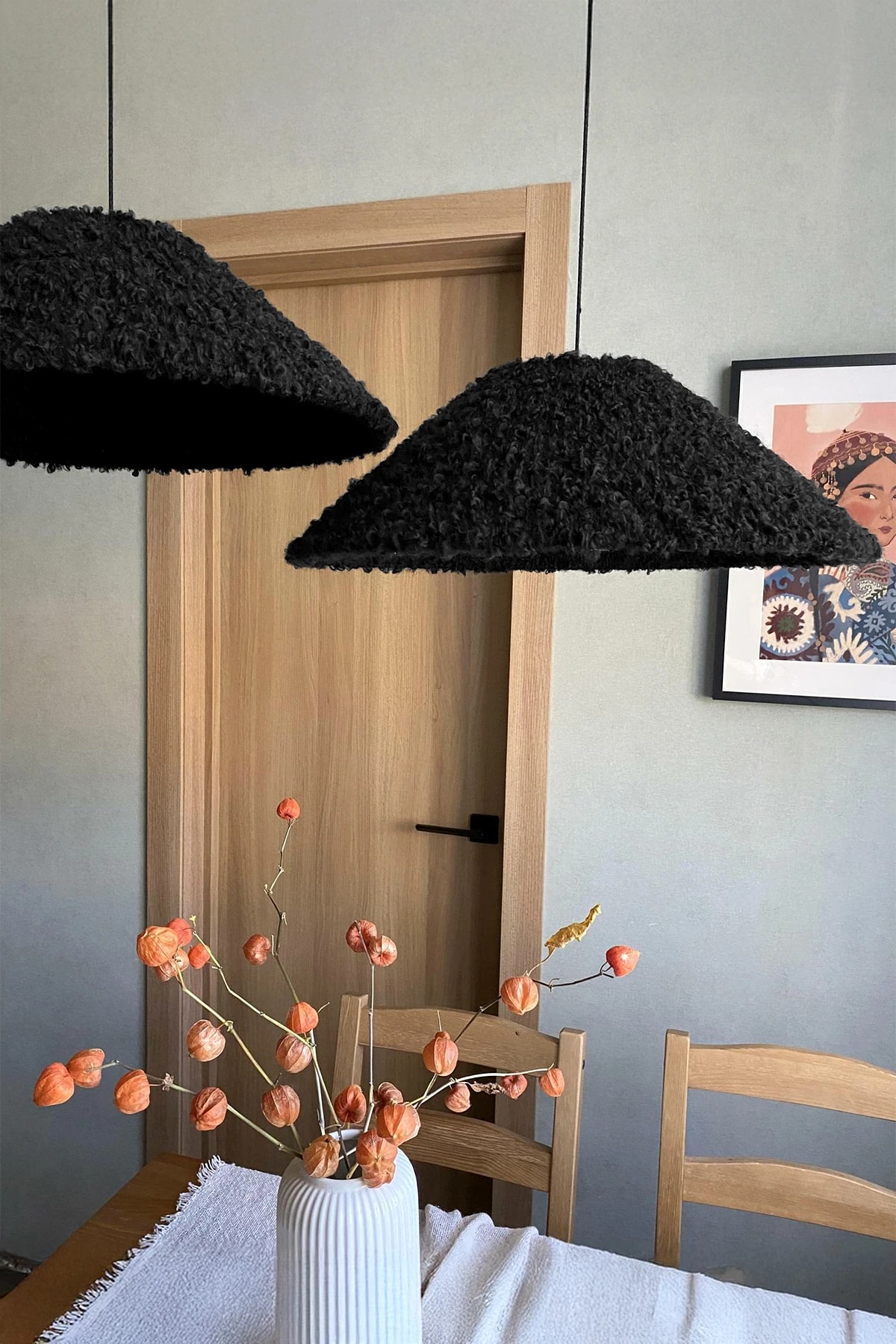 Ekru İskandinav Şapka Bohem Rustik Buklet Kaplamalı Avize - siyah