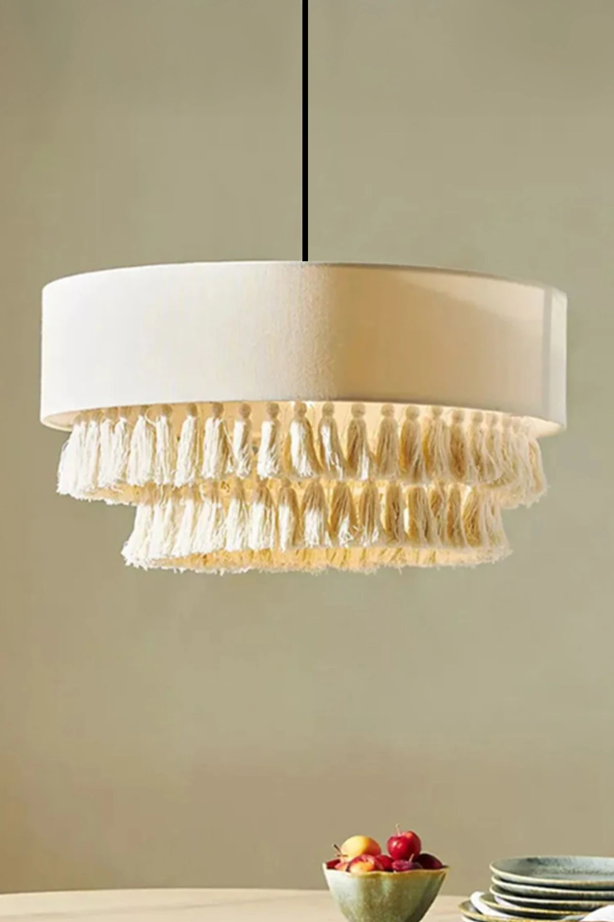 Ekru Kaplamalı Ve Makrome Bohem Rustik Püsküllü Avize - ekru