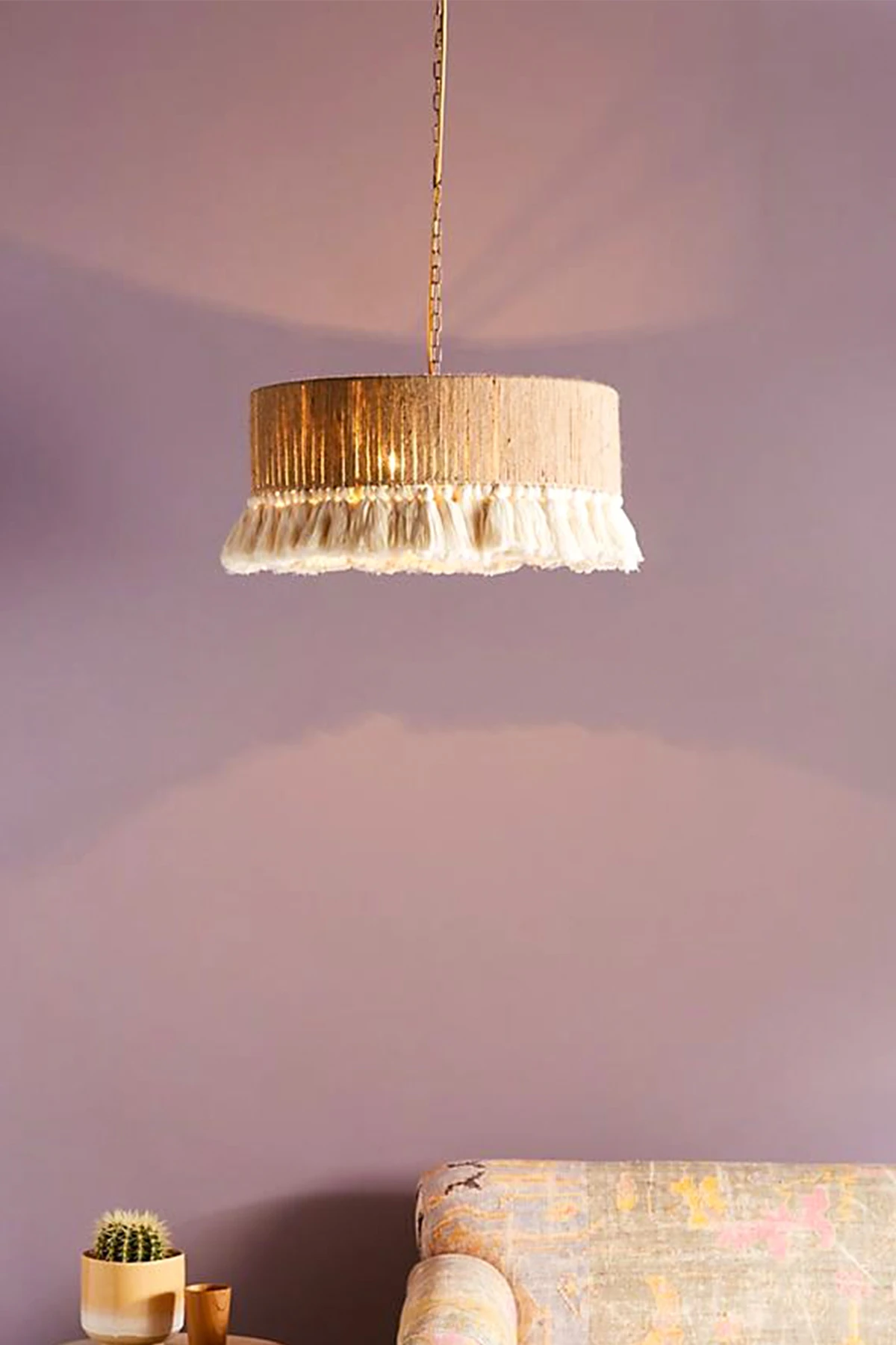 Ekru Kaplamalı Ve Makrome Bohem Rustik Püsküllü Avize - hasır