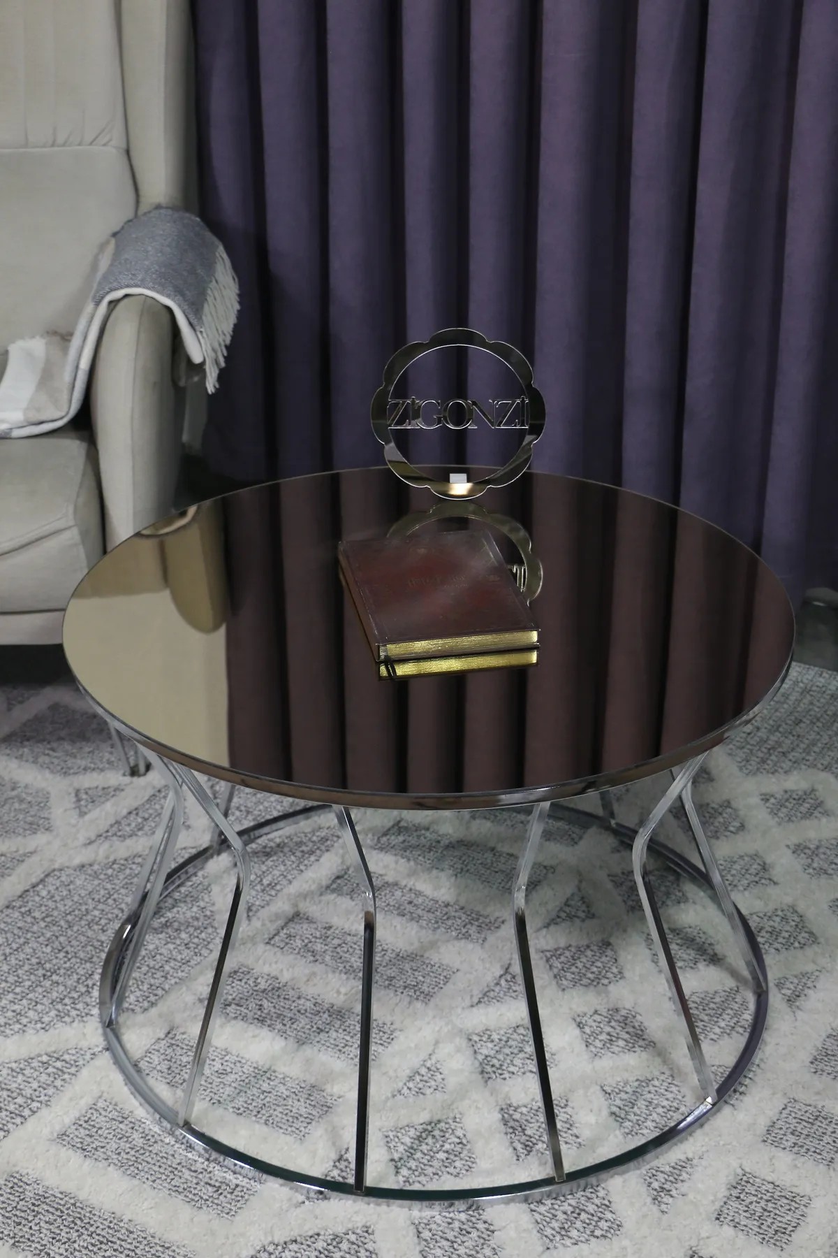 Zigonzi Home Bronz Aynalı Gümüş Metal Ayak, Orta Sehpa, Kum Saati