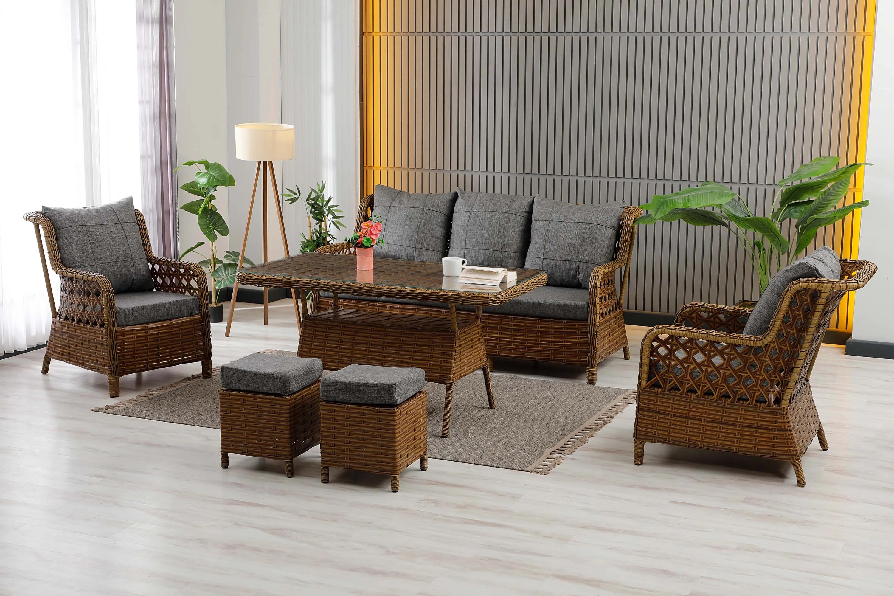 Vilza, 3+1+1, Rattan Bahçe Mobilyası, Kahverengi 