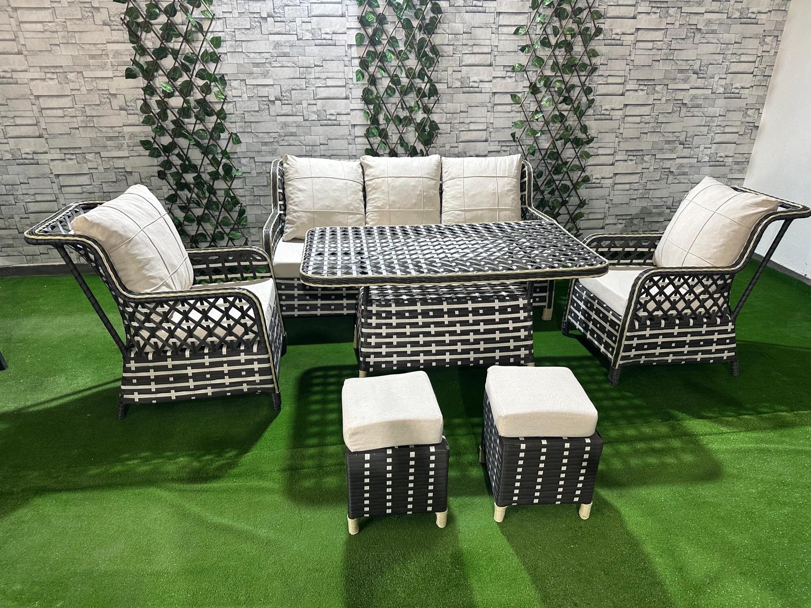 Zigonzi Home 3+1+1 Rattan Bahçe Mobi̇lyasi Masalı 2 Puf Hedi̇ye, Çi̇ft Renk Krem Kumaş, Vilza