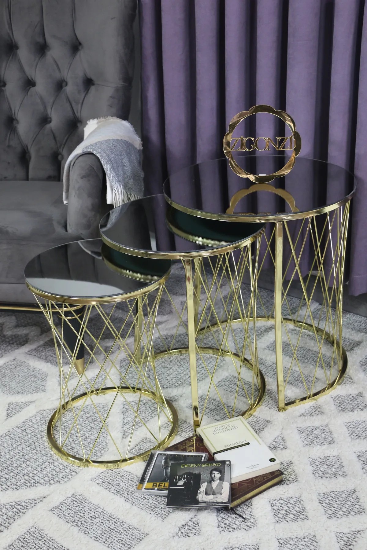 Zigonzi Home Füme Aynalı Gold Metal, Hasır C Zigon