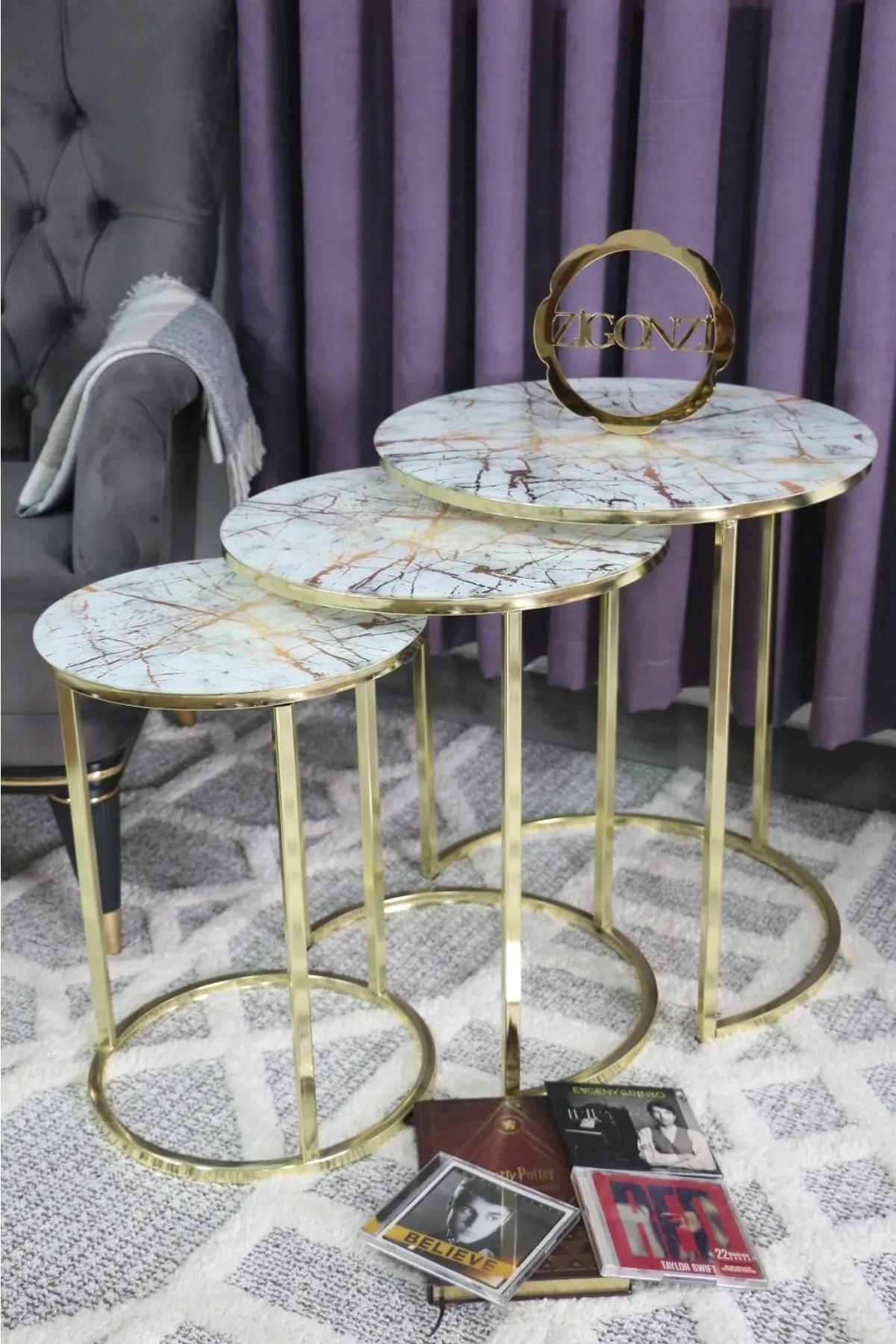 Zigonzi Home Üçlü Zigon Gold Ayak Temperli Cam - Sarı Şimşek Mermer Desen Sehpa