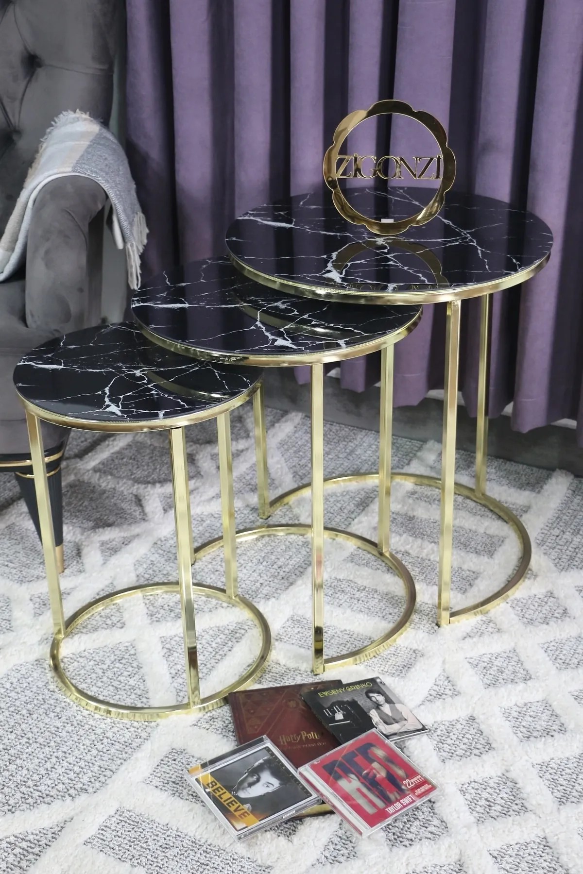 Zigonzi Home Üçlü Zigon Gold Ayak Siyah Temperli Cam - Beyaz Mermer Desenli Sehpa