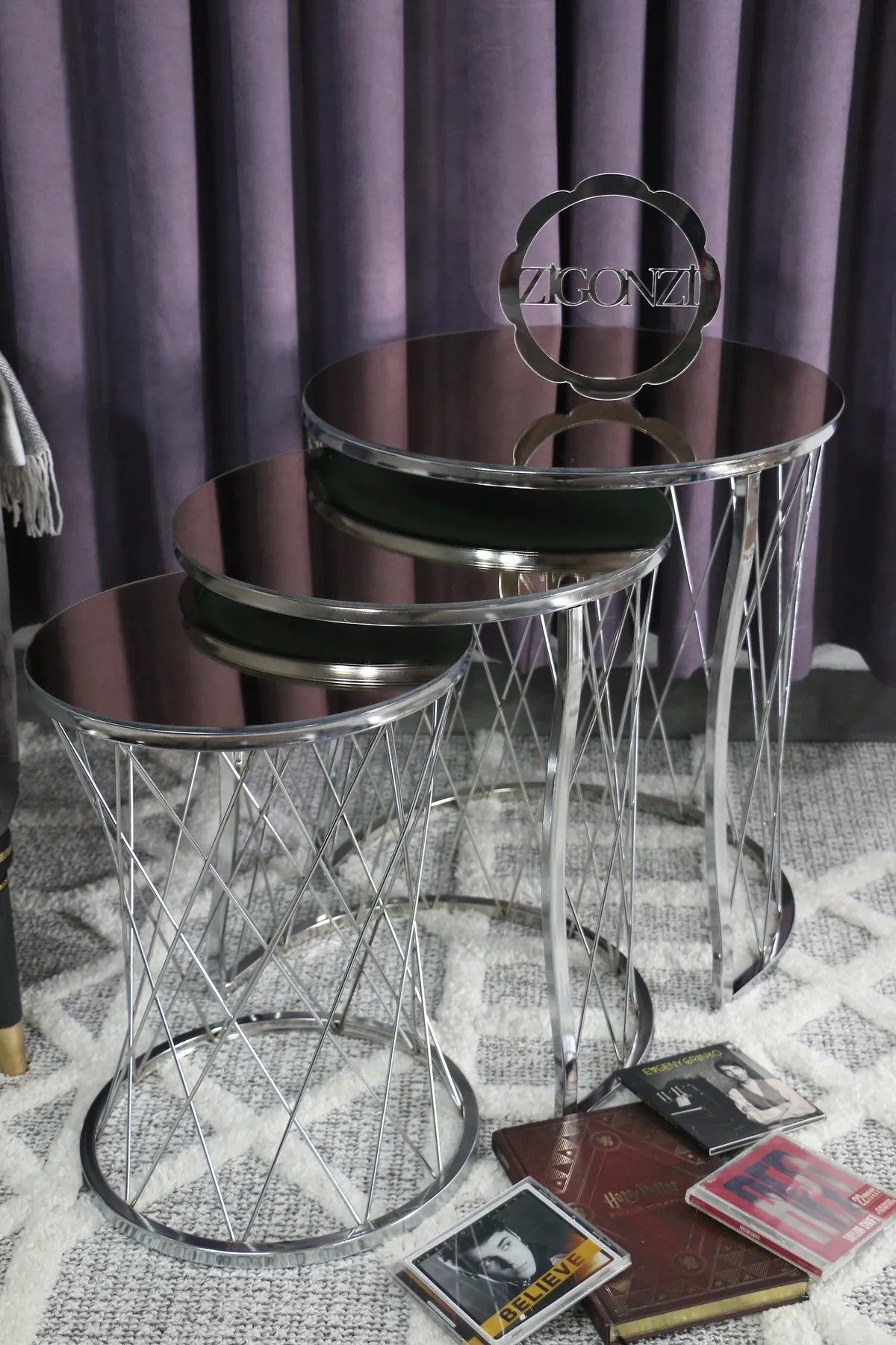 Zigonzi Home Hasır C Zigon Sehpa, Gümüş Metal Bronz Aynalı