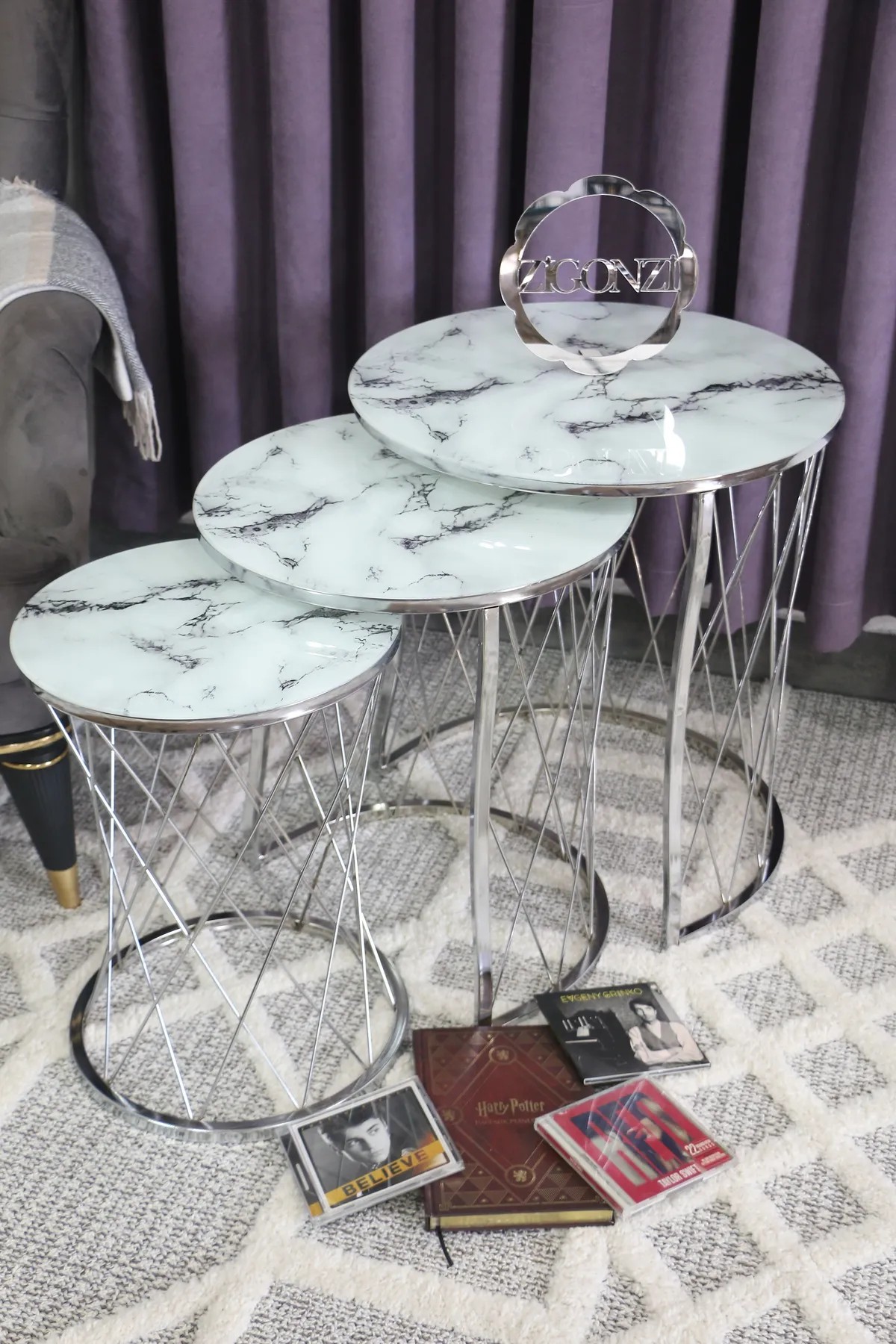 Zigonzi Home Hasır Model C Zigon Sehpa, Gümüş Metal Beyaz Mermer Desen