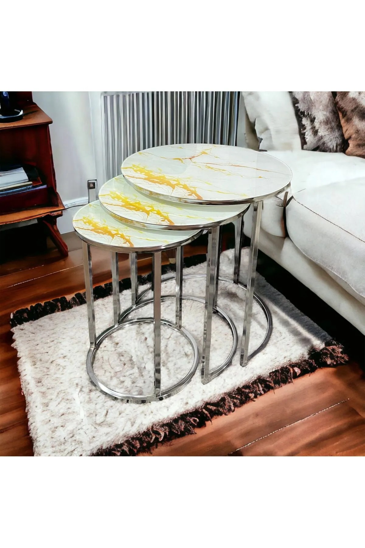 Zigonzi Home Gümüş Metal, Sarı Mermer Desenli, 3'lü Zigon Sehpa