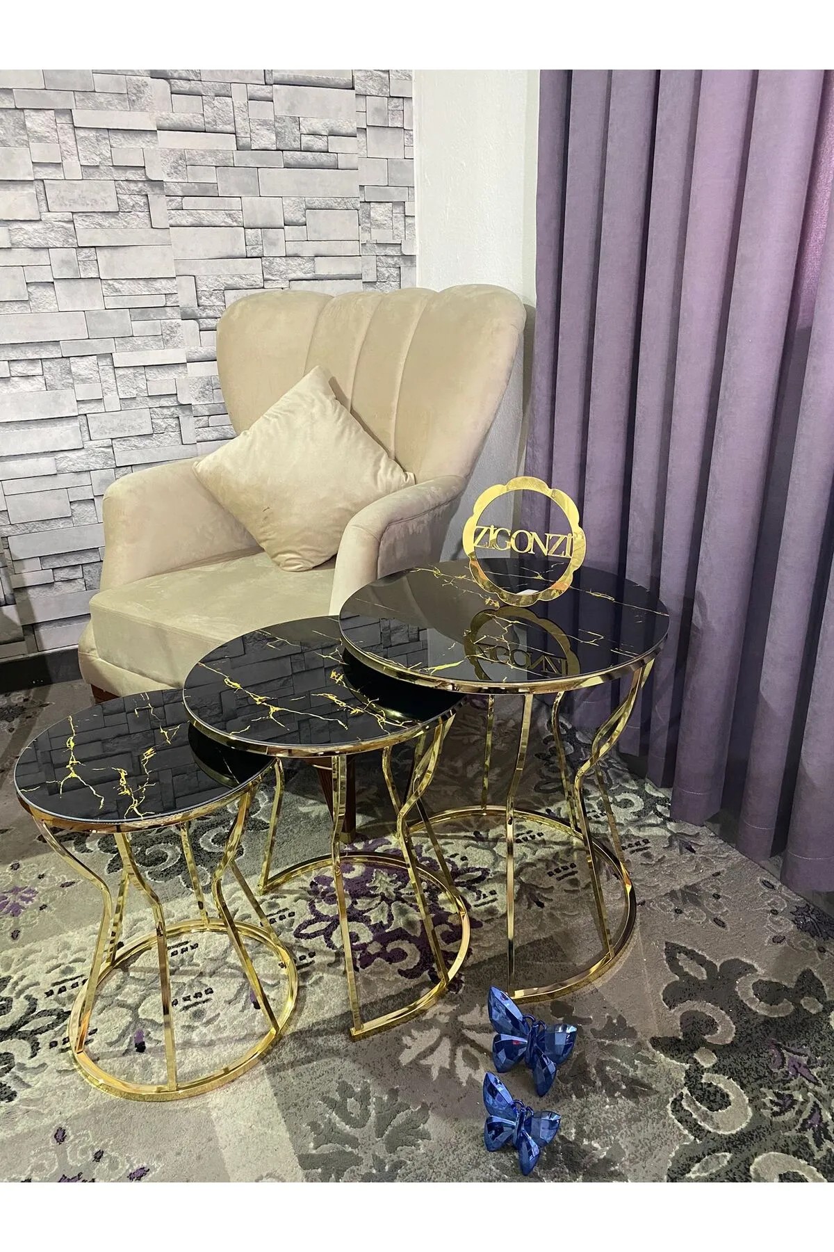 Zigonzi Home Üçlü Zigon Gold Metal Sehpa Kum Saati Modeli