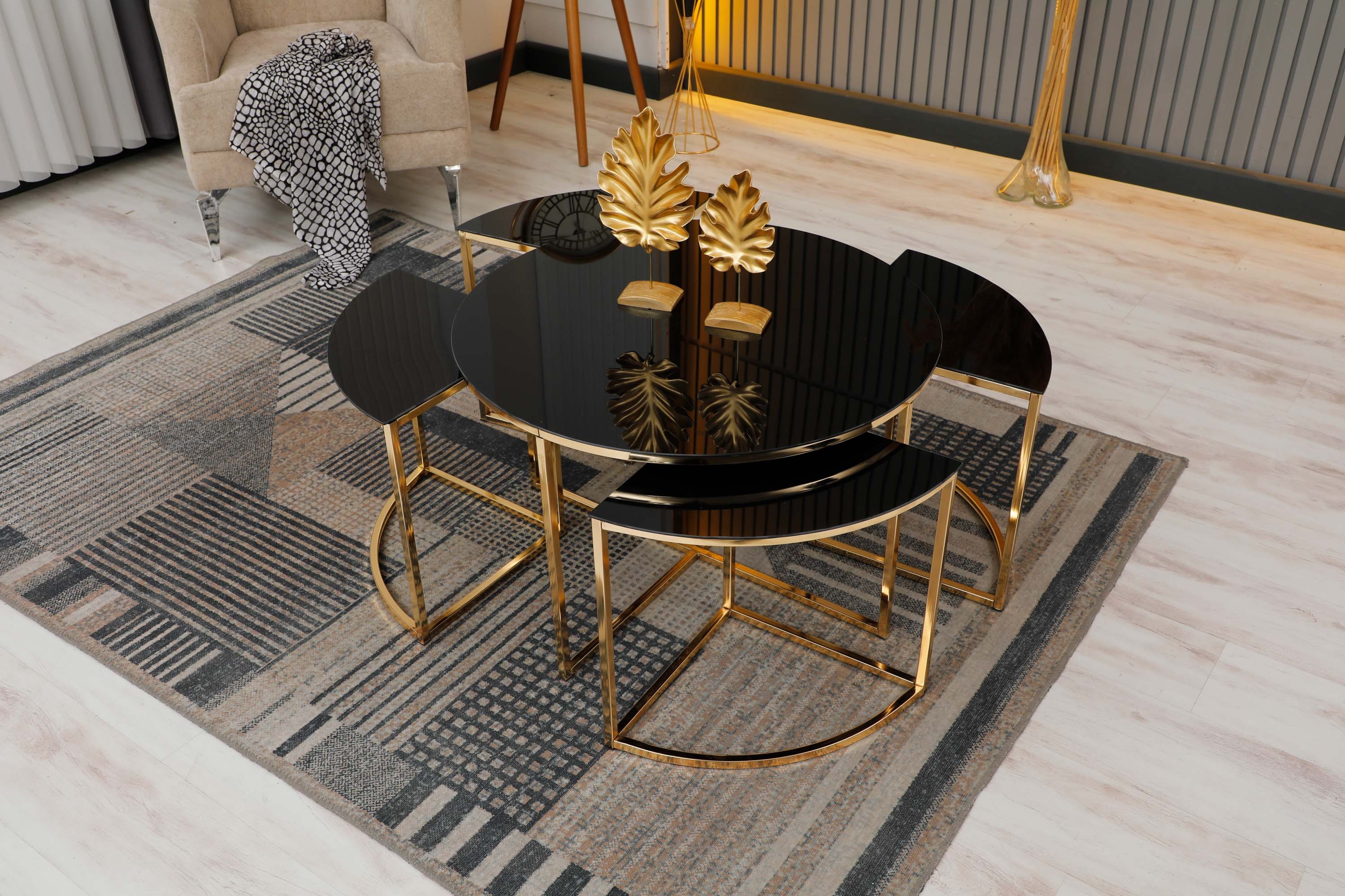 Zigonzi Home, 4+1 Pizza, Gold Metal, Siyah Cam, Orta Sehpa