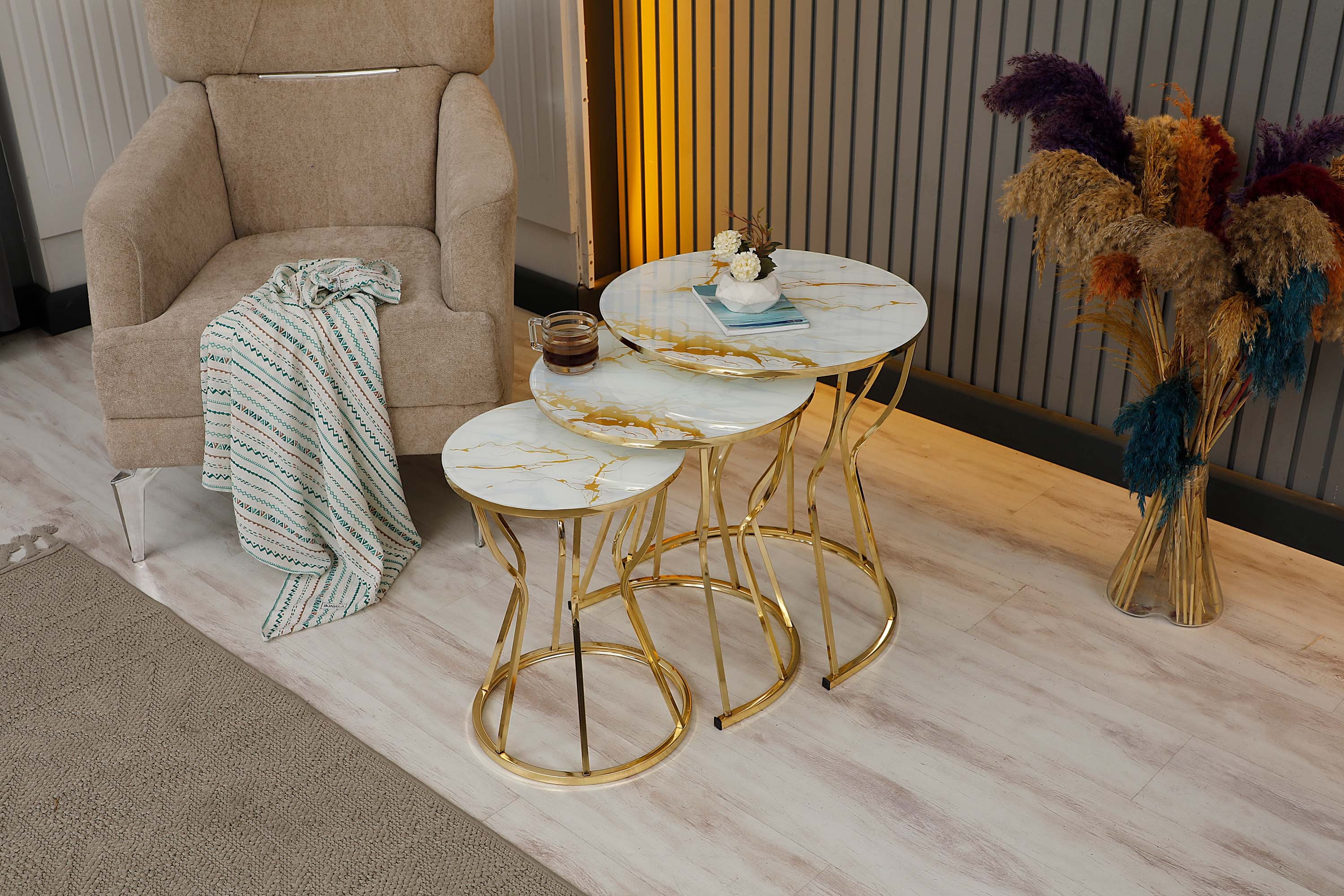 Beyza, Zigon Sehpa, Gold Metal, Mermer Desen, Zigonzi Home