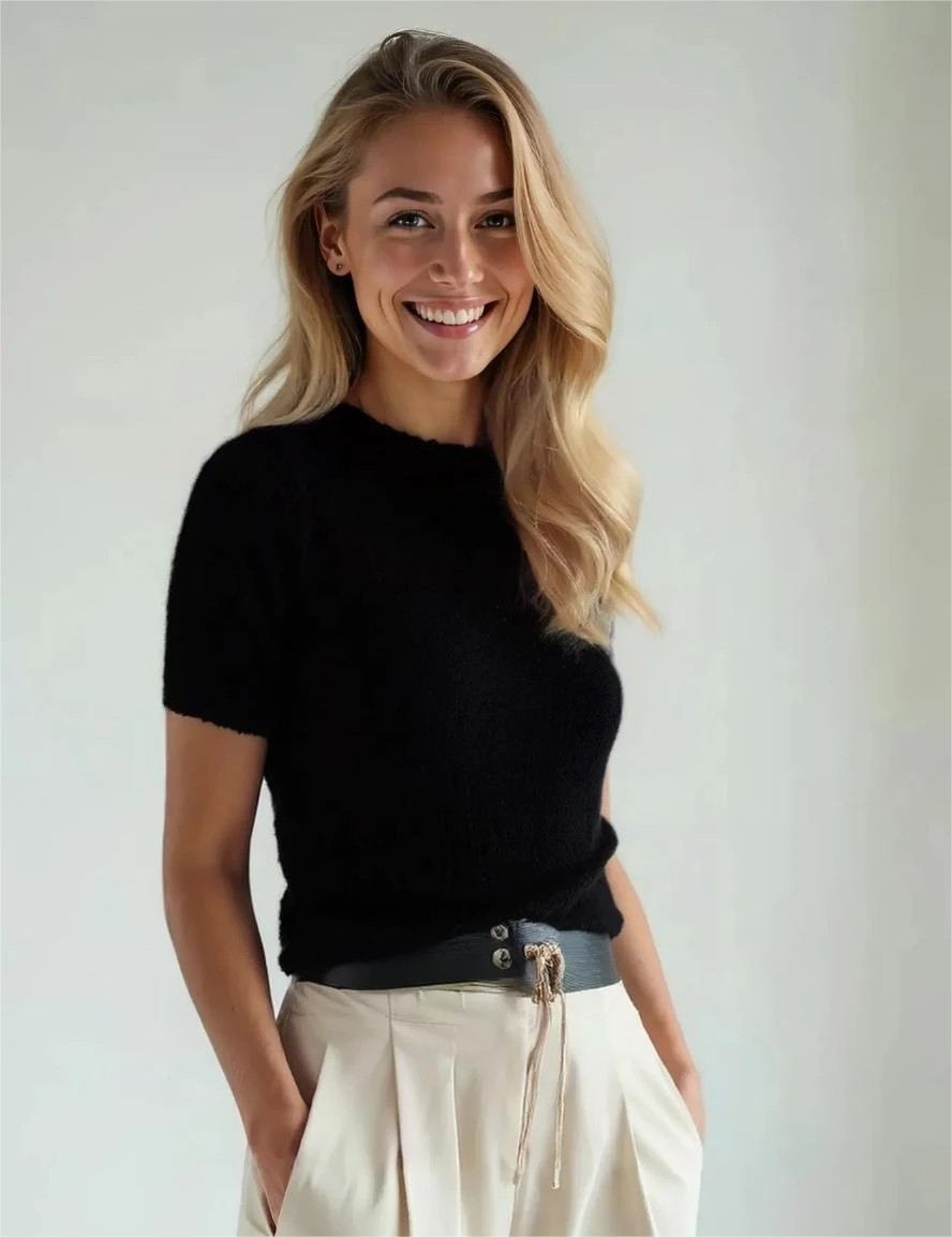 Bisiklet Yaka Yumuşak Dokulu Kısa Kollu Şardonlu Yünlü Triko Kazak