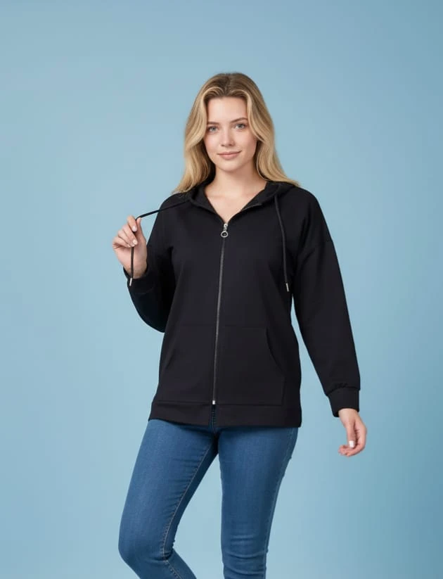 Oversize Sweatshirt Kapüşonlu Kanguru Cepli Fermuarlı Yırtmaç Detaylı %100 Pamuk 