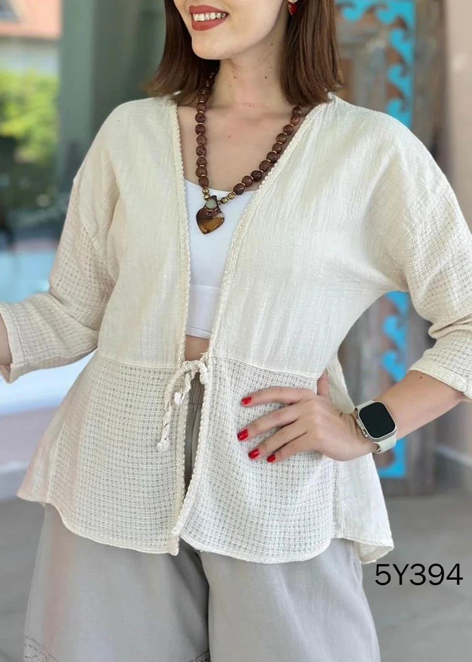 Oversize Hırka Önden Bağlamalı Bel Detaylı Truvakar Kol Biye Detay %100 Pamuk