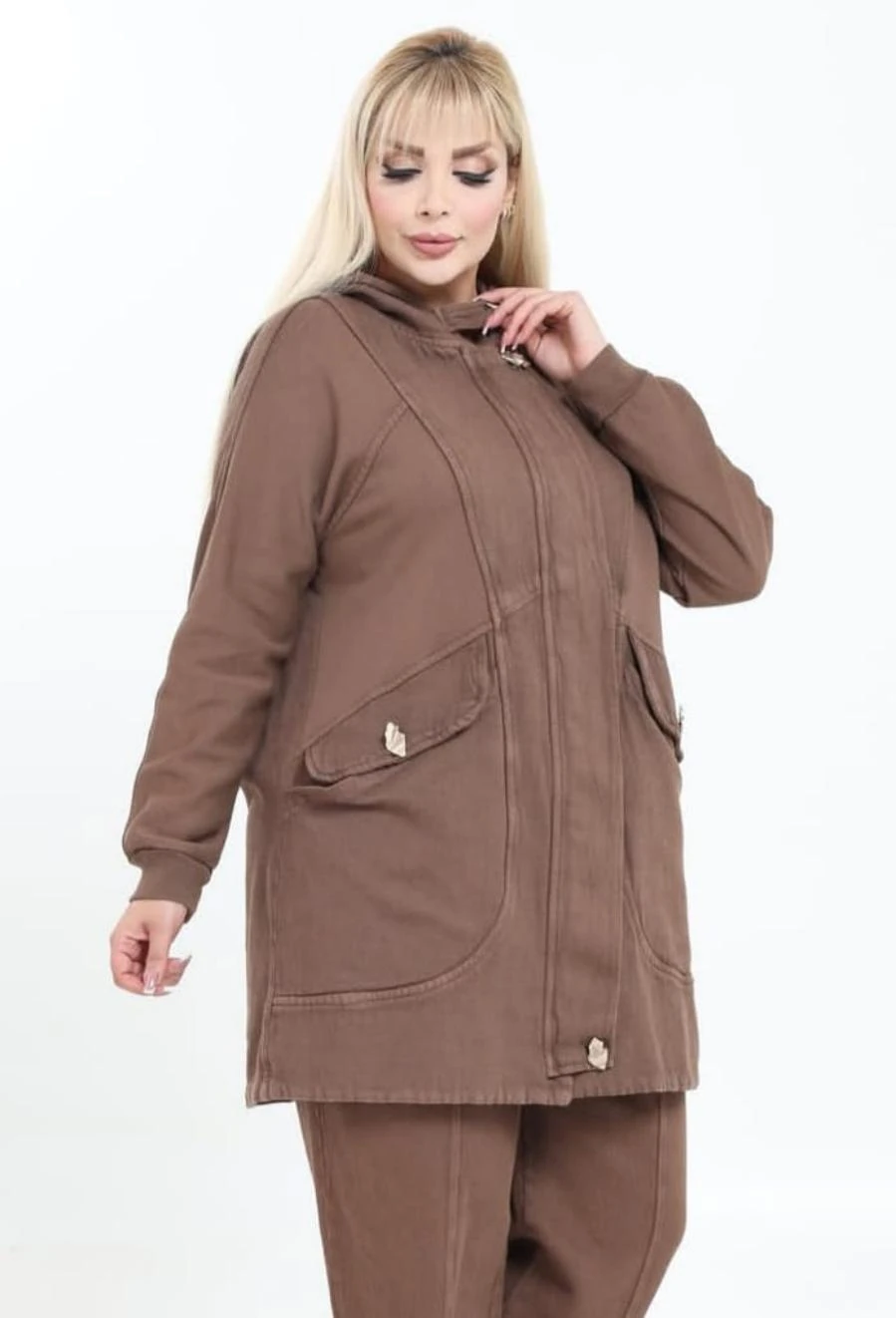 Kapüşonlu Düğme Detaylı Kapaklı Torba Cep  %100 Pamuk Uzun Gabardin Kap Ceket