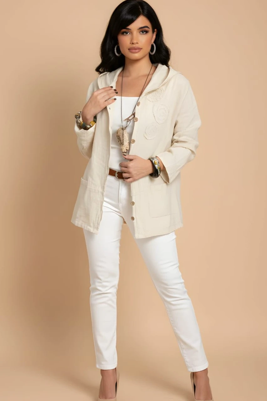 Düş Kapanı Nakış Detaylı Hırka Kapüşonlu Torba Cepli %100 Pamuk