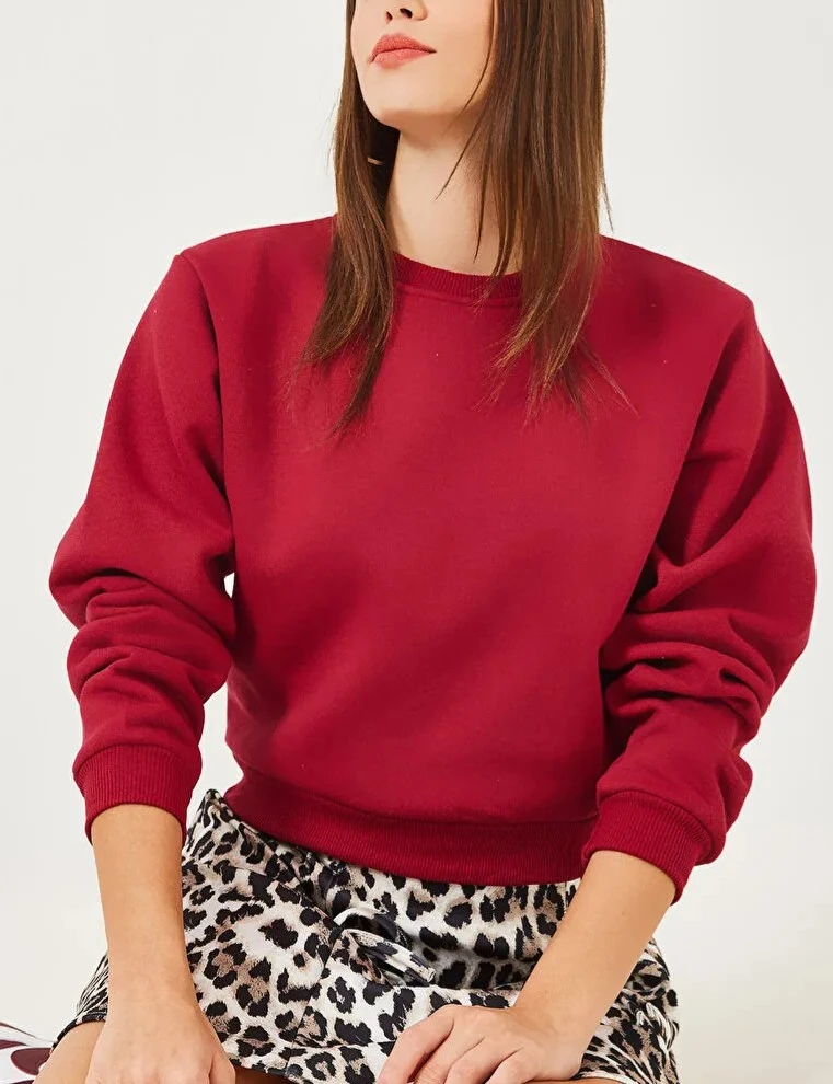 Basic Crop Sweatshirt Bisiklet Yaka 3 İp Şardonlu 
