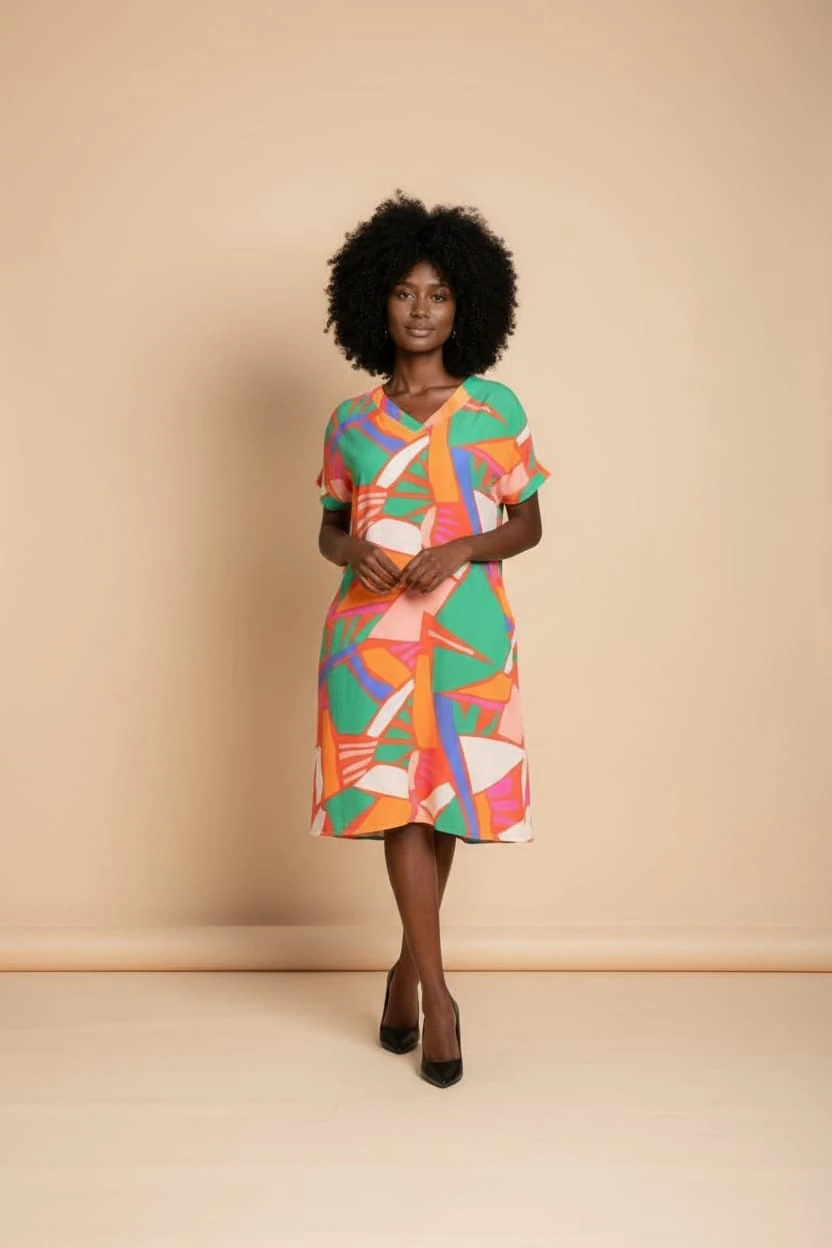 Büyük Beden Geometrik Desen V Yaka Elbise %95 Pamuk