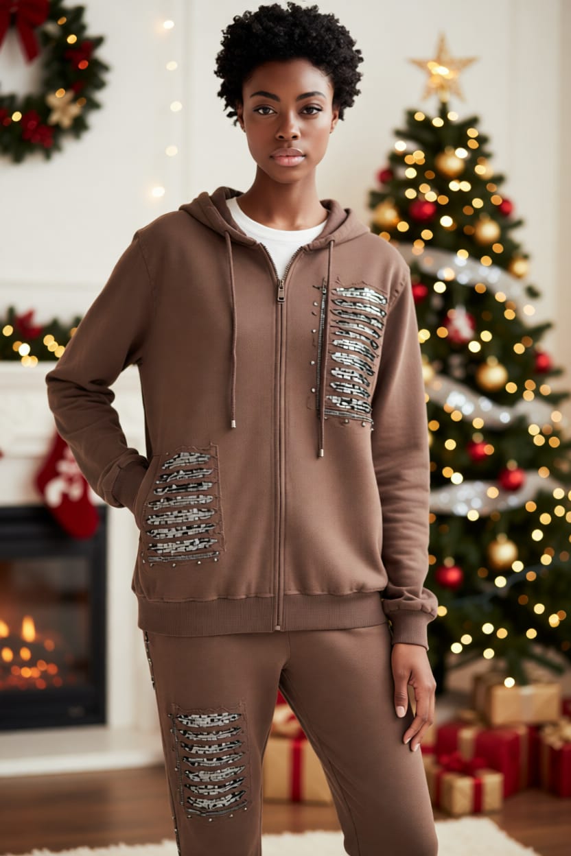 Kapüşonlu Pul Payet Taş İşlemeli Lazer Kesim Cepli Fermuarlı Pamuk Eşofman Takımı 