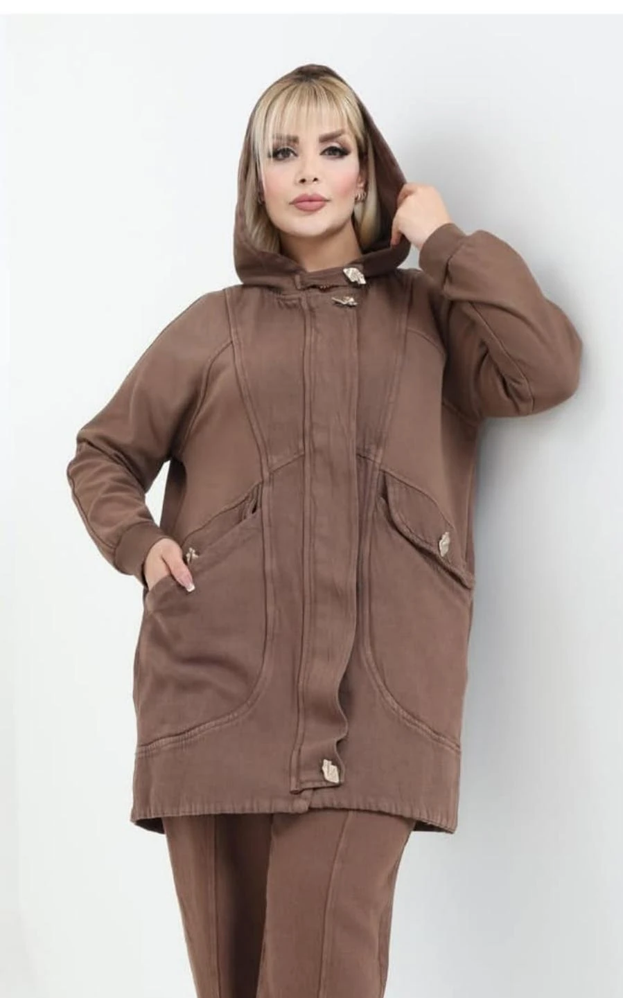 Kapüşonlu Düğme Detaylı Kapaklı Torba Cep  %100 Pamuk Uzun Gabardin Kap Ceket