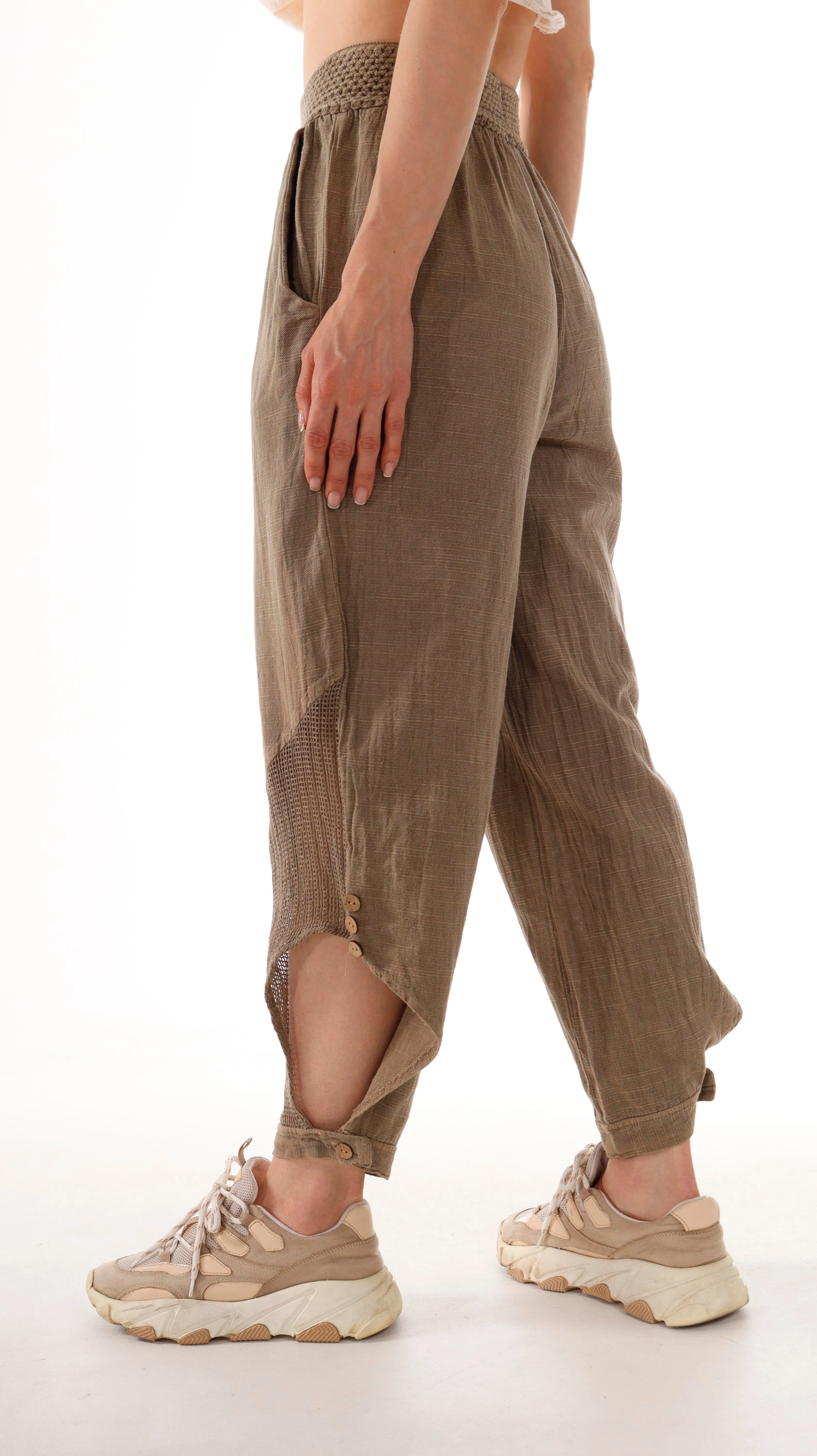 Paçası Düğme ve File Detay Bel Kopenaklı Cepli %100 Pamuk Pantolon