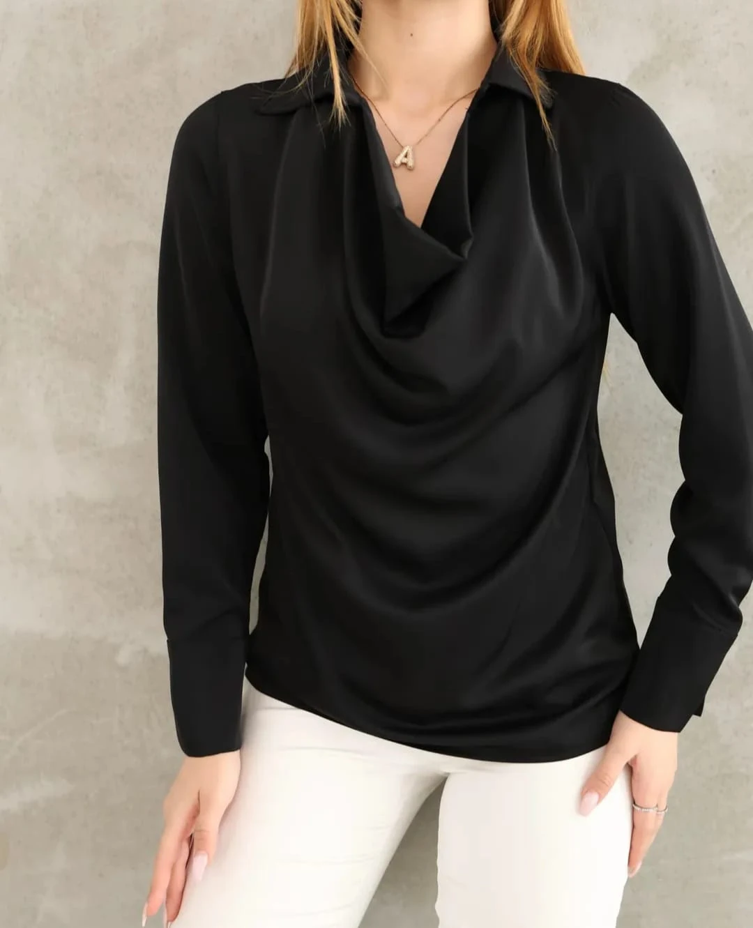 Saten Gömlek Bluz Degaje Yaka Uzun Kol Premium Kumaş