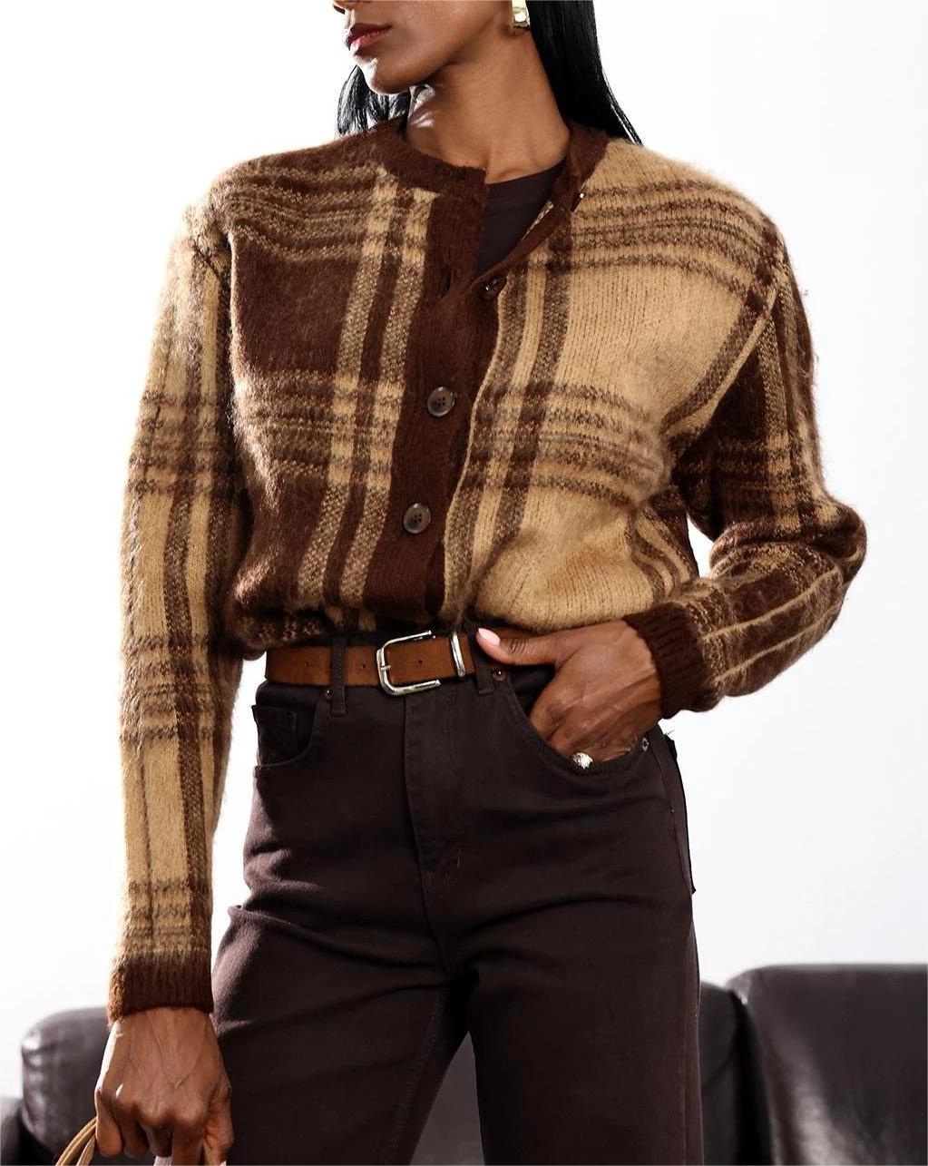 Bisiklet Yaka Düğmeli Şardonlu Karel Desenli Yünlü Hırka